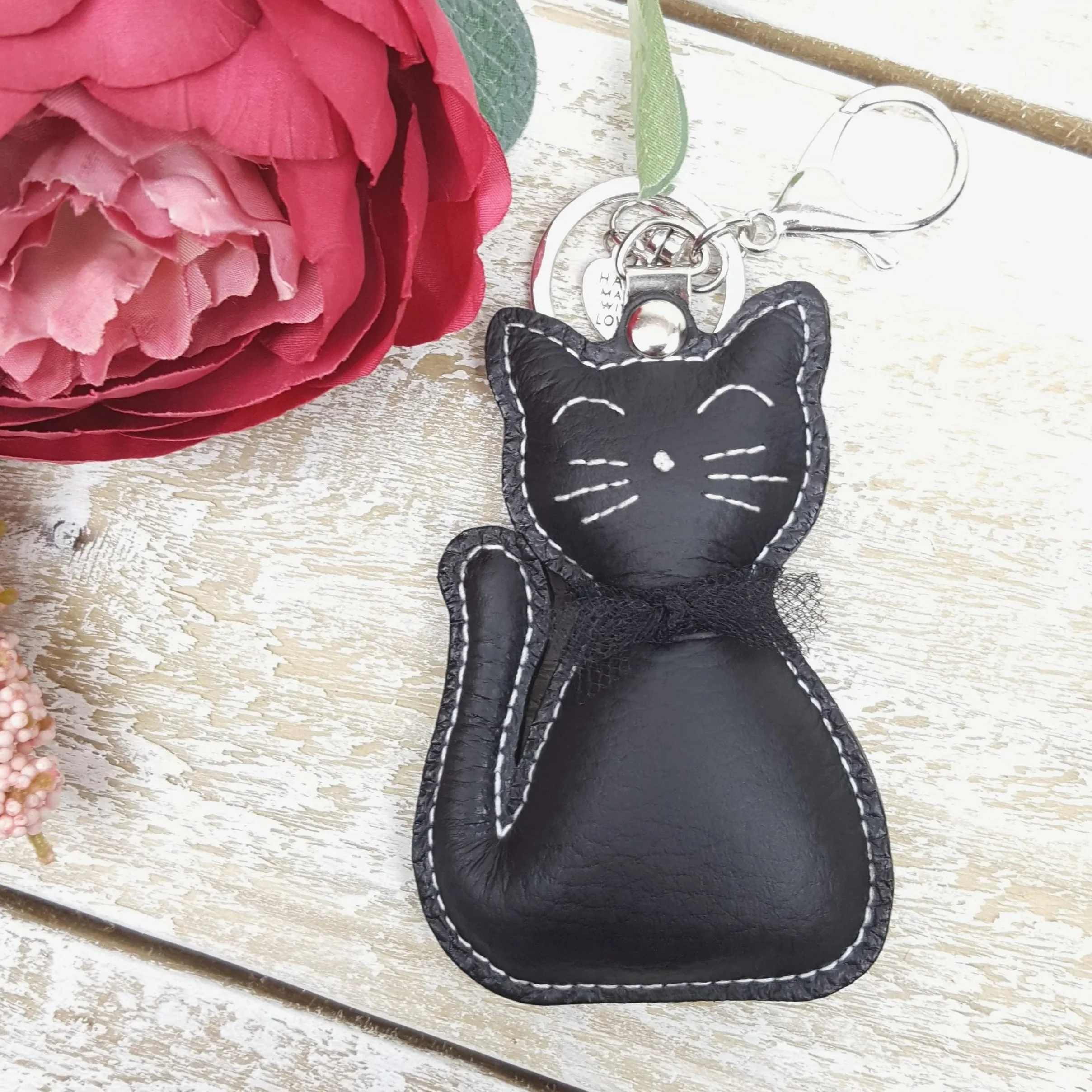 Handmade Black Leather Cat Keychain – Customisable Keepsake Gift