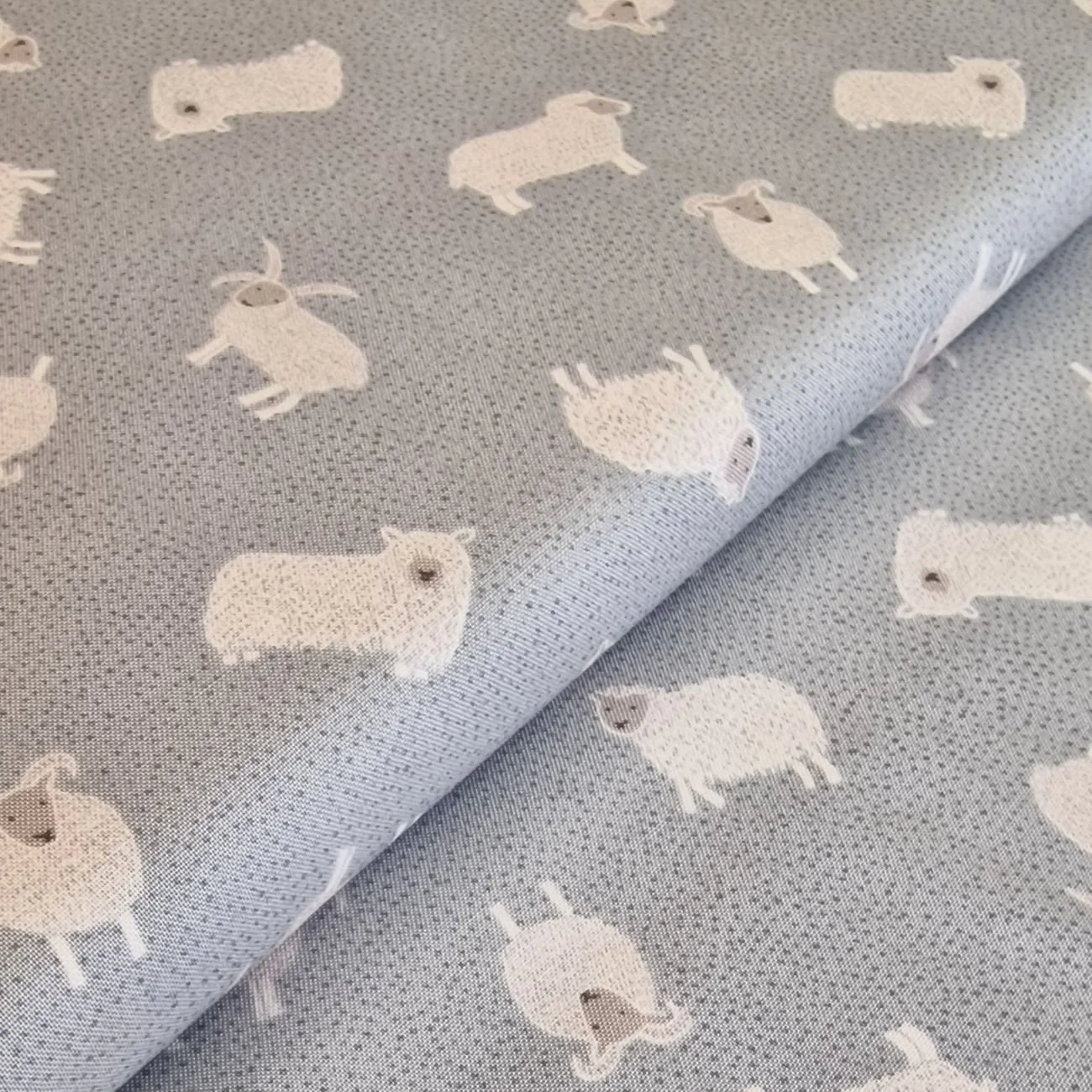 Lewis & Irene Country Life grey cotton fabric with sheep, fat quarters.