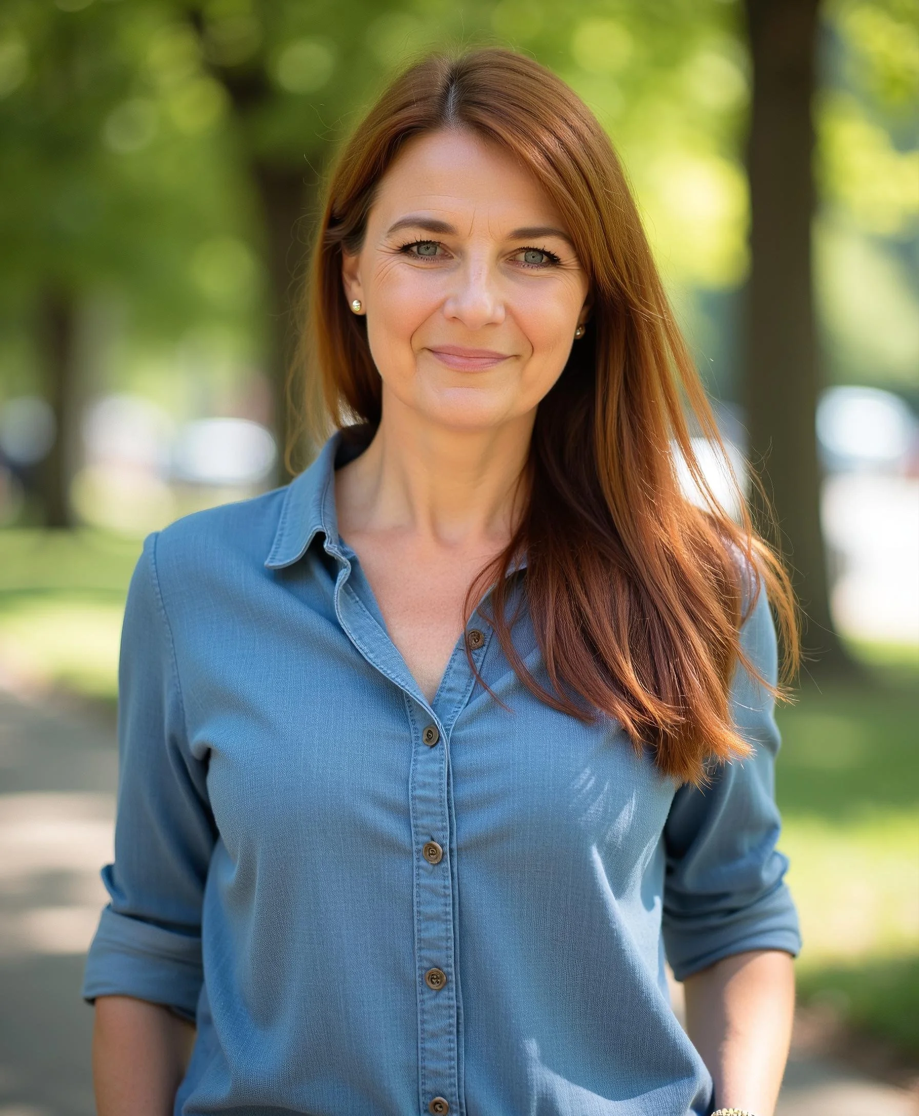 A woman with long reddish-brown hair, wearing a blue button-up shirt, standing outdoors with trees and sunlight in the background.
