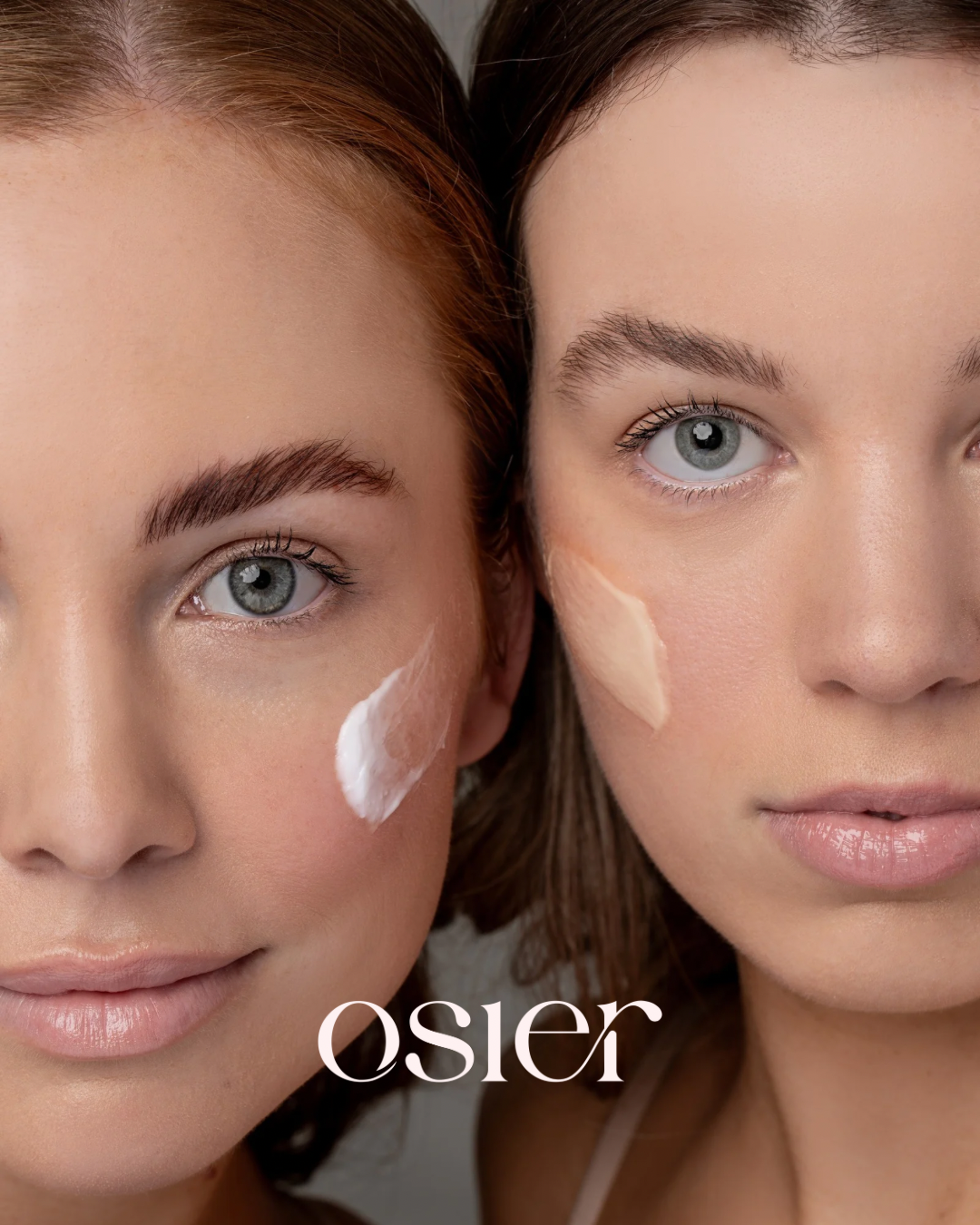 Close-up of two women with light skin and blue eyes, applying skincare cream on their faces, with 'osier' text at the bottom.