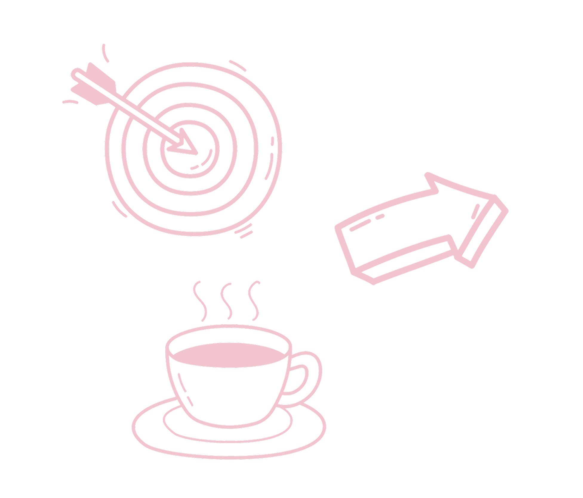 Stylized illustration of a coffee cup with steam, a target with an arrow in the center, and a box of tissues.