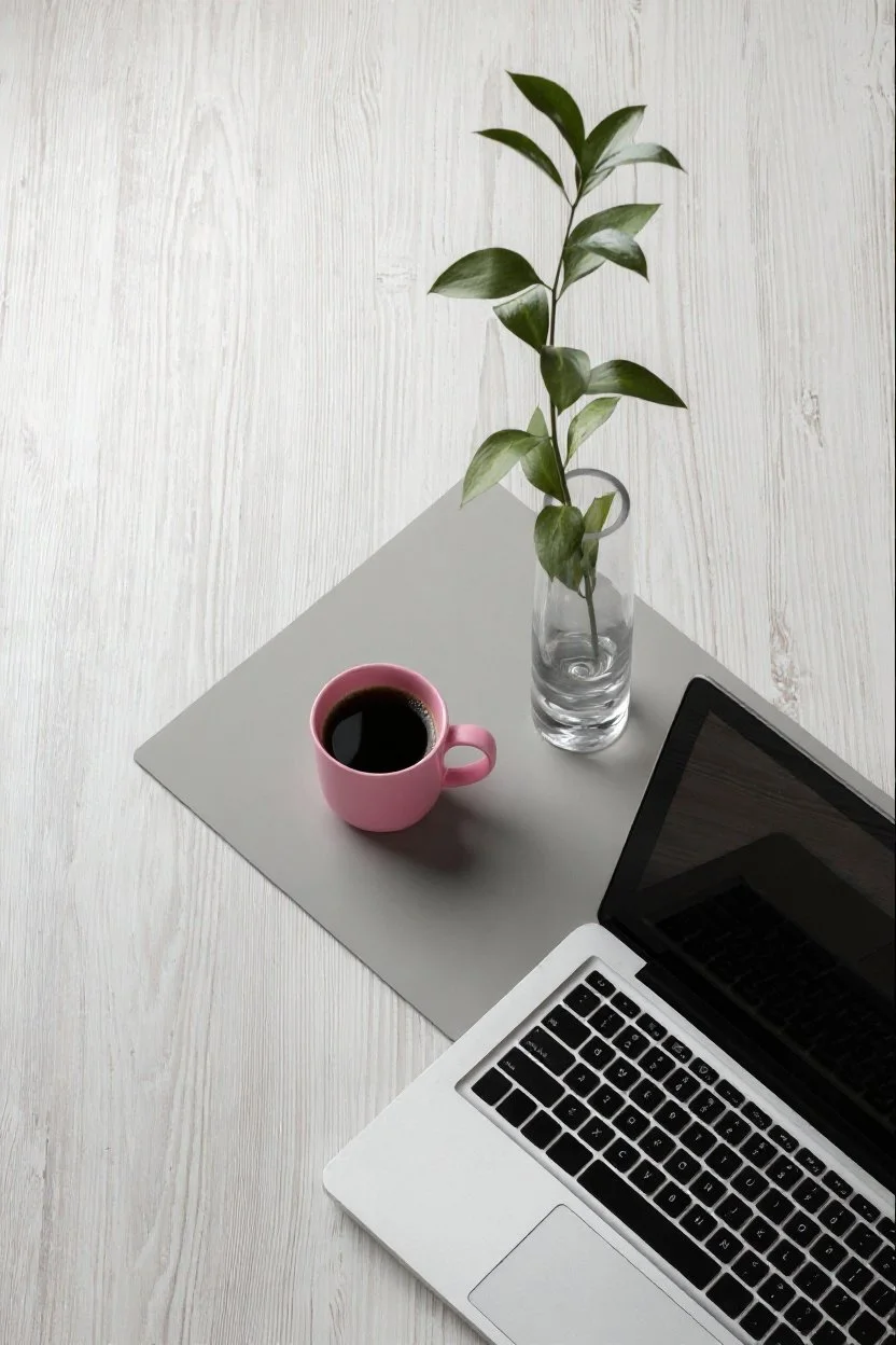 A flat lay of a workspace with a silver laptop, pink coffee mug filled with black coffee, a glass vase with green leafy plant, and a gray mat on a white wooden surface.