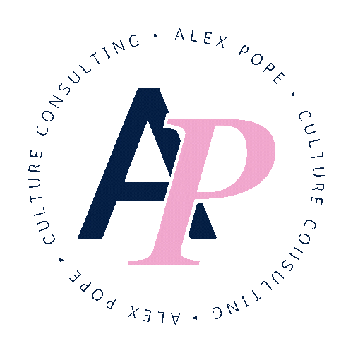 Logo with overlapping pink 'A' and 'P' letters and surrounding text 'Alex Pope Culture Consulting' on a dark blue background.