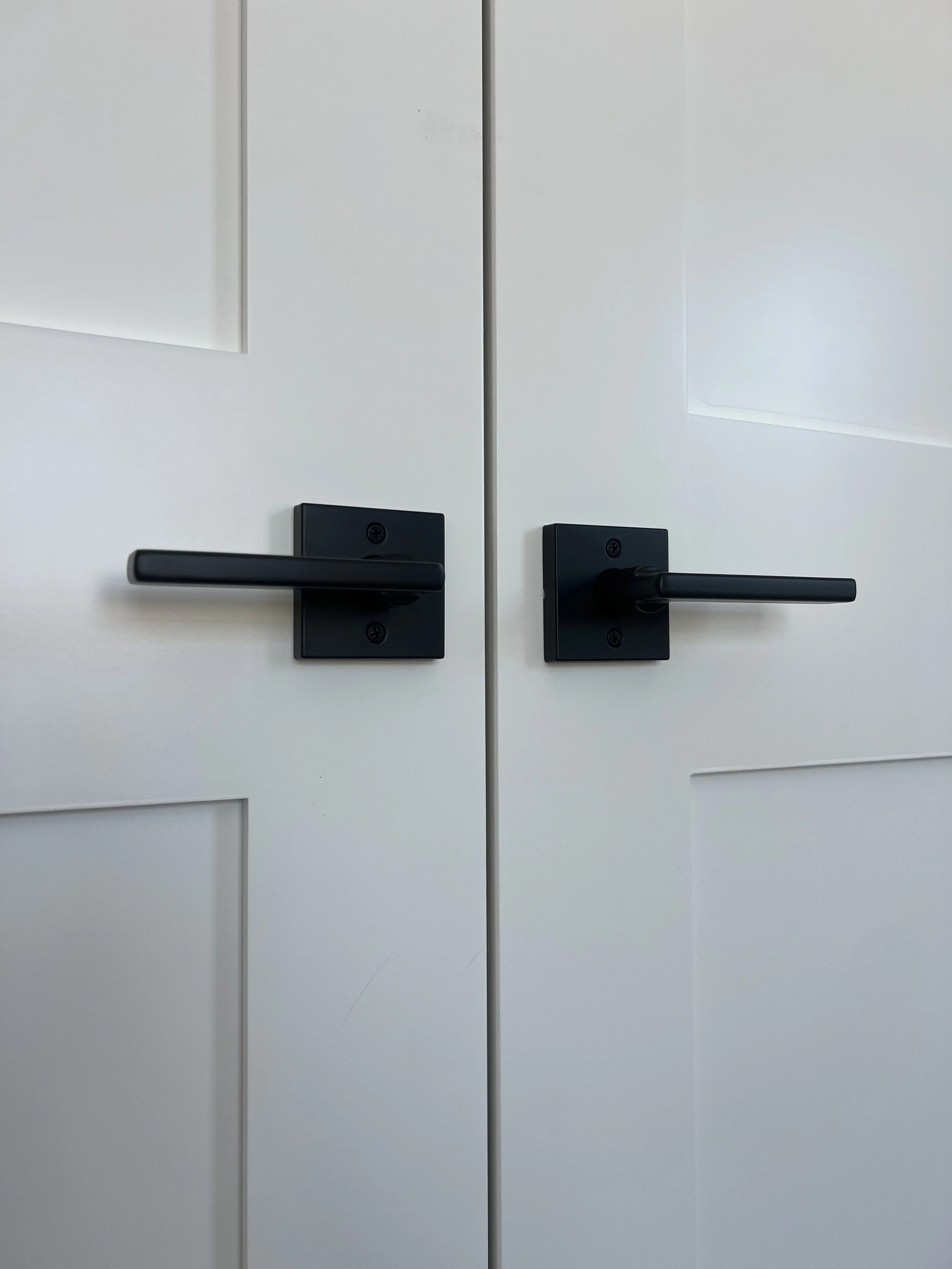 Close-up of white double closet doors with black door handles.