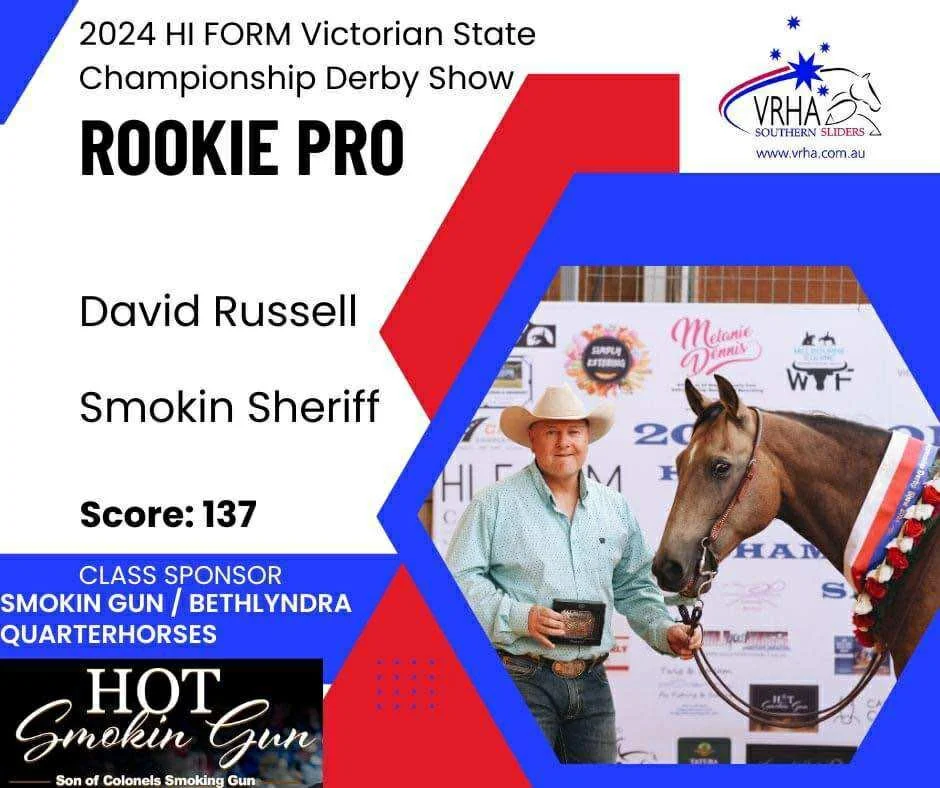 Lanyard award photo of a man standing next to a horse at the 2024 HI FORM Victorian State Championship Derby Show. The man is holding a ribbon, and there are banners and logos in the background. The display includes text about the event and the rider