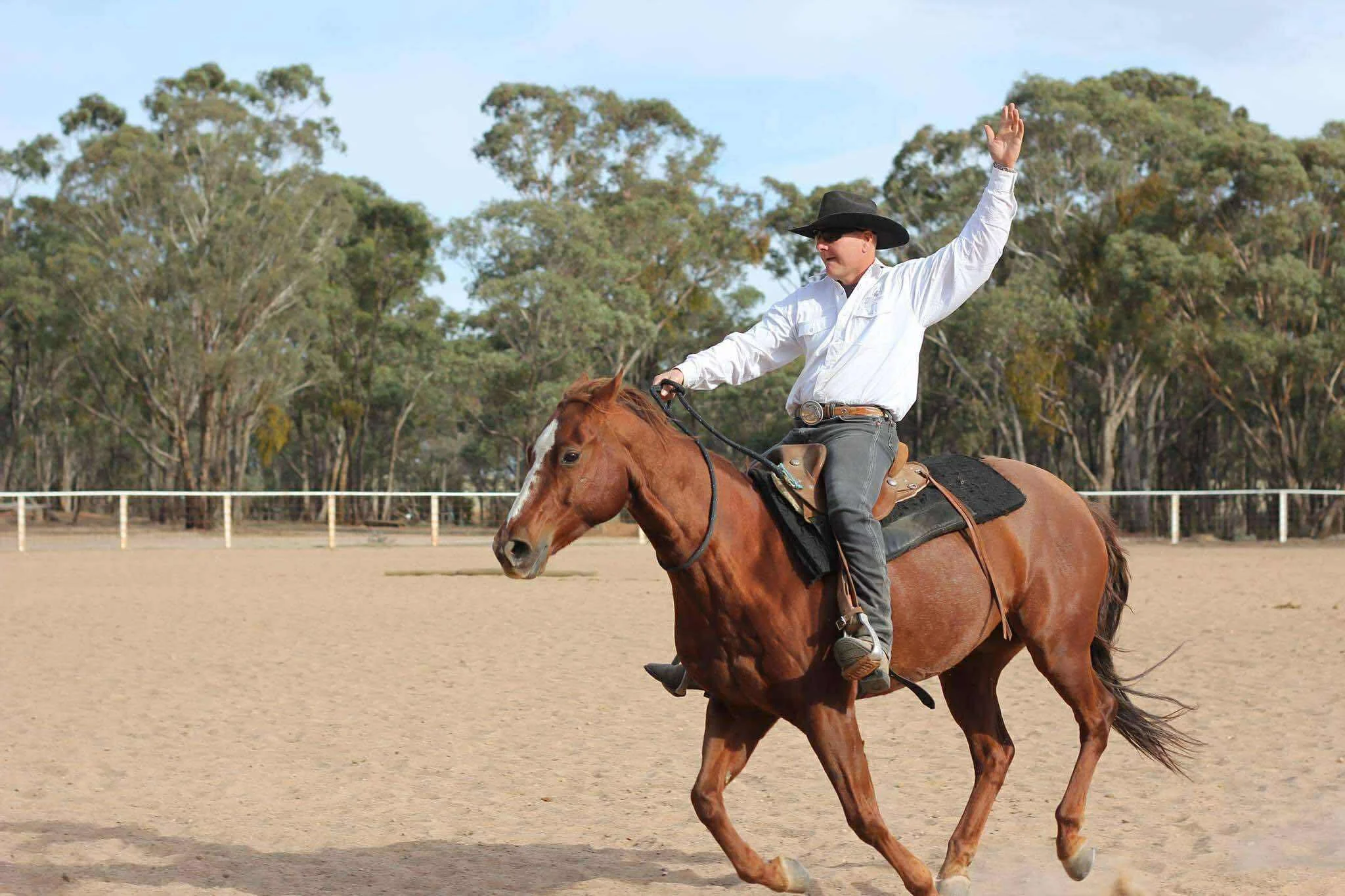 A cowboy wearing a black hat, sunglasses, white shirt, and gray pants riding a brown horse in an outdoor arena with a sandy ground and green trees in the background. The cowboy is waving with his right hand.