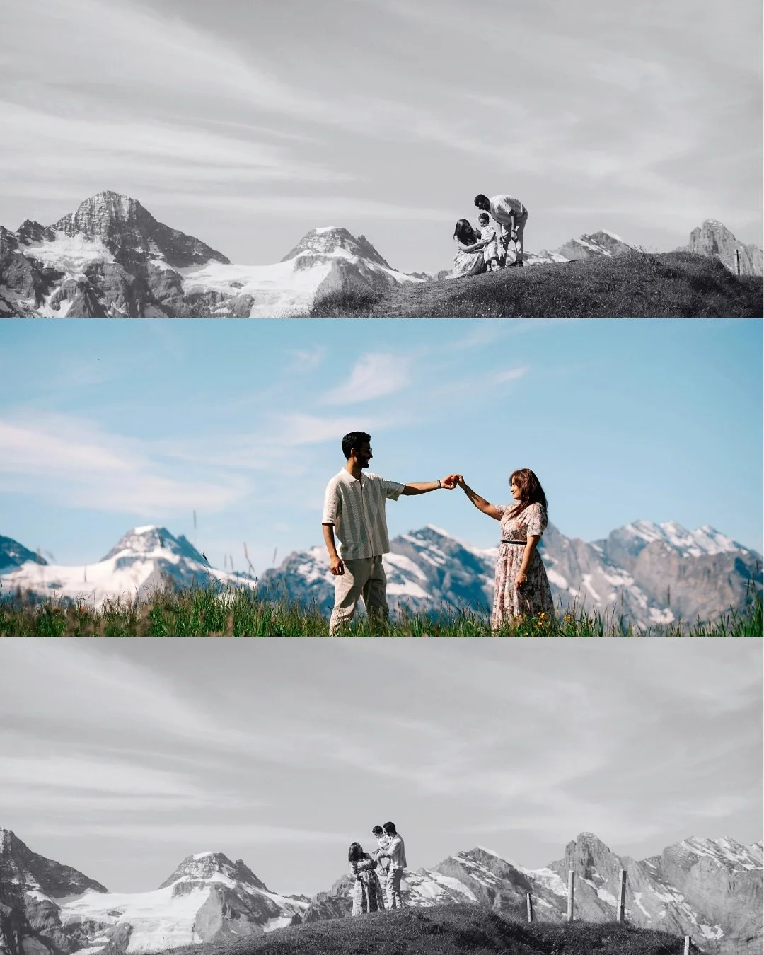 Arsalan &amp; Komal with their little one, running wild and free in the Swiss Alps ⛰️ Moments like these are the perfect thing to capture forever. When will be the next time that you can enjoy the wide open mountain tops and fresh air in this sunny w