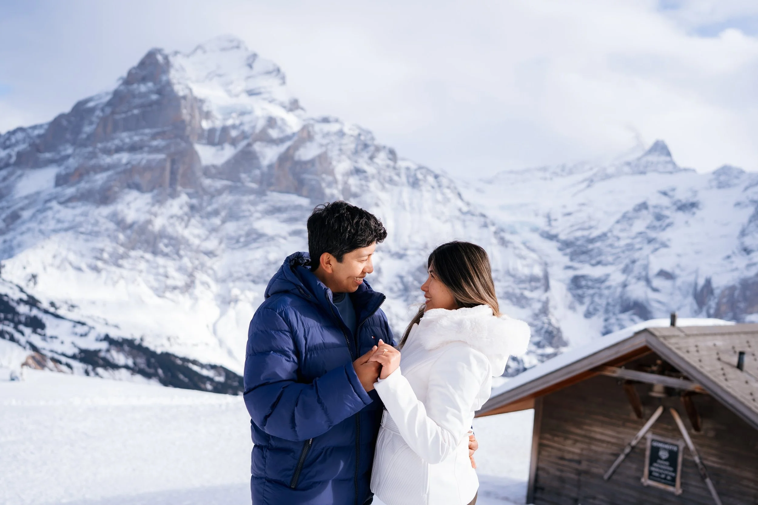 Snowy Surprise Proposal in Switzerland Mountains