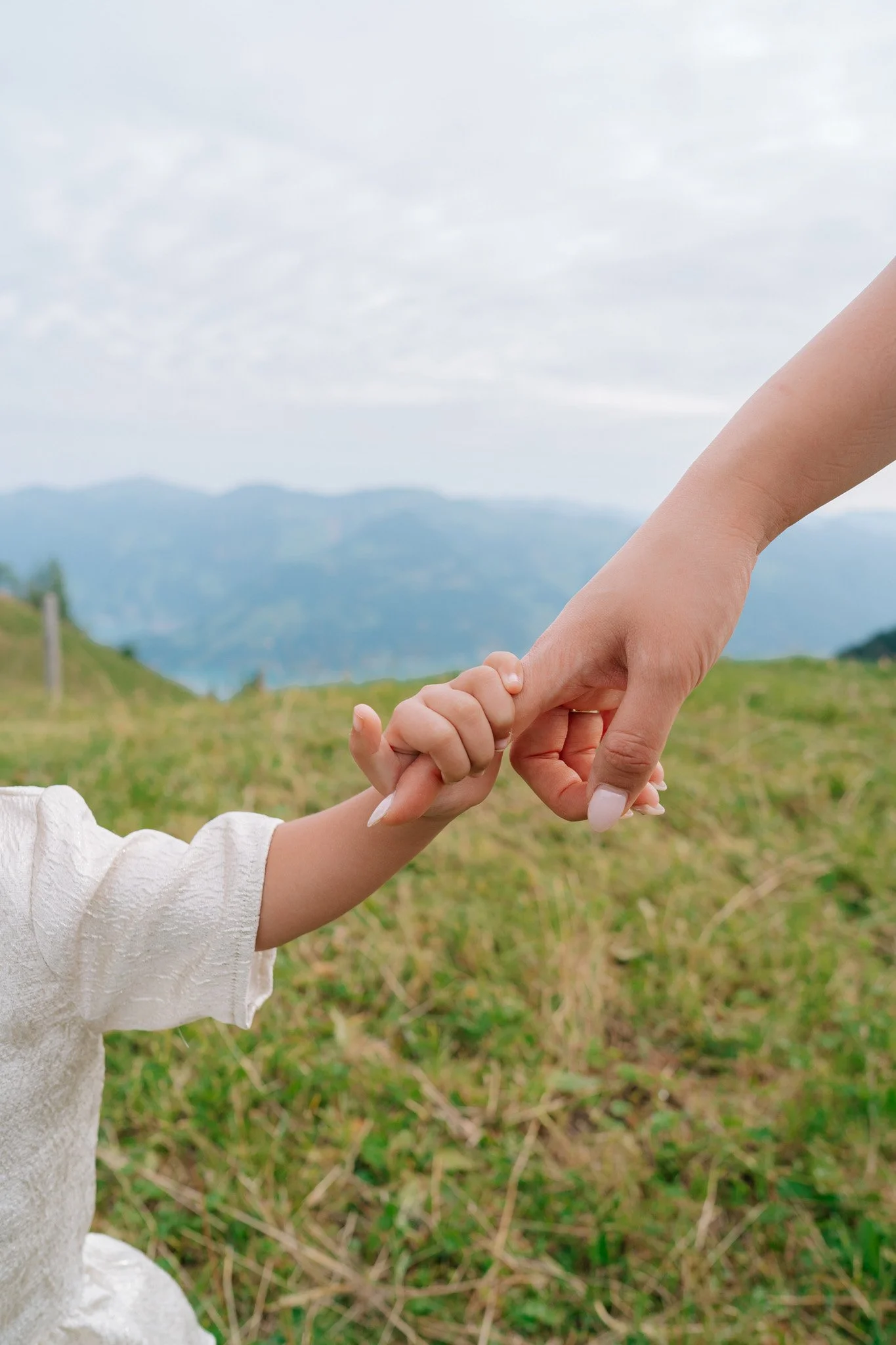 Close-up of an adult hand holding a child's hand outdoors with grassy hills and mountains in the background. Family photoshoot in Switzerland.