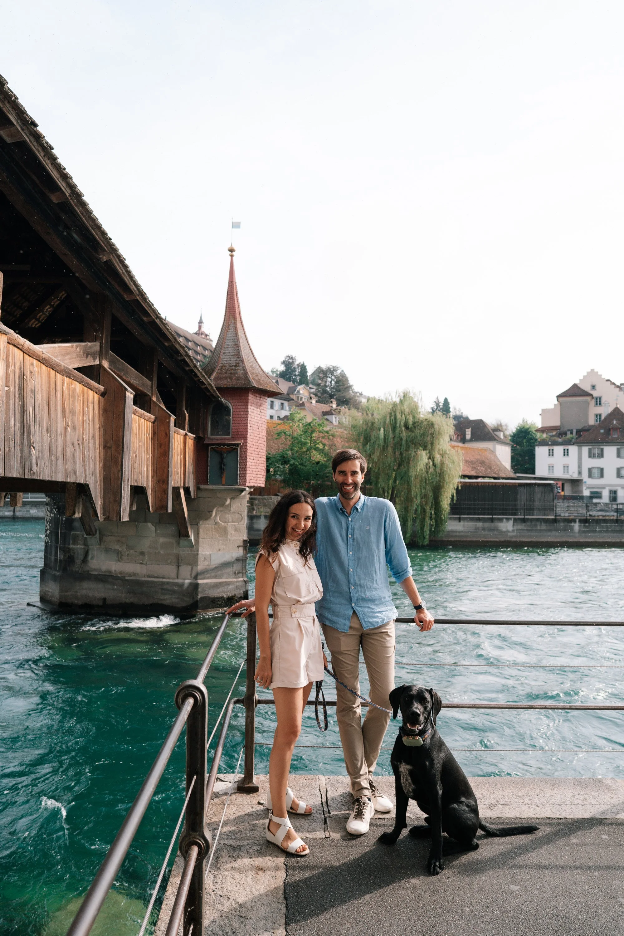 Couple with Dog at Spreuerbrücke, Lucerne | Pet-Friendly Photography Switzerland