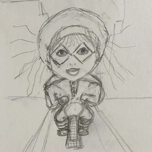 A hand-drawn sketch of a girl riding a bicycle, with diamond-shaped glasses and a hat.