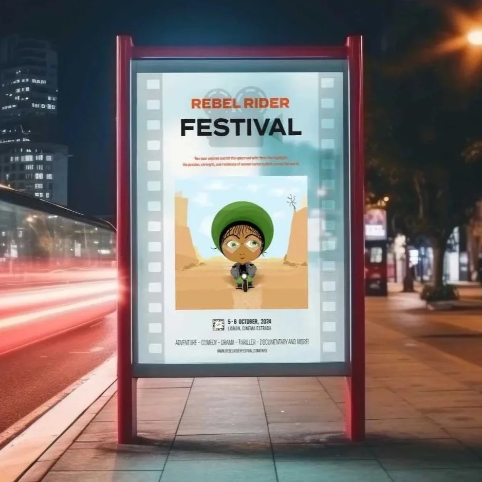 Poster advertisement for the Rebel Rider Festival, featuring a whimsical female character riding a bike in a desert landscape, scheduled for October 5-6, 2024 in Lisbon, Cinema Estrada.