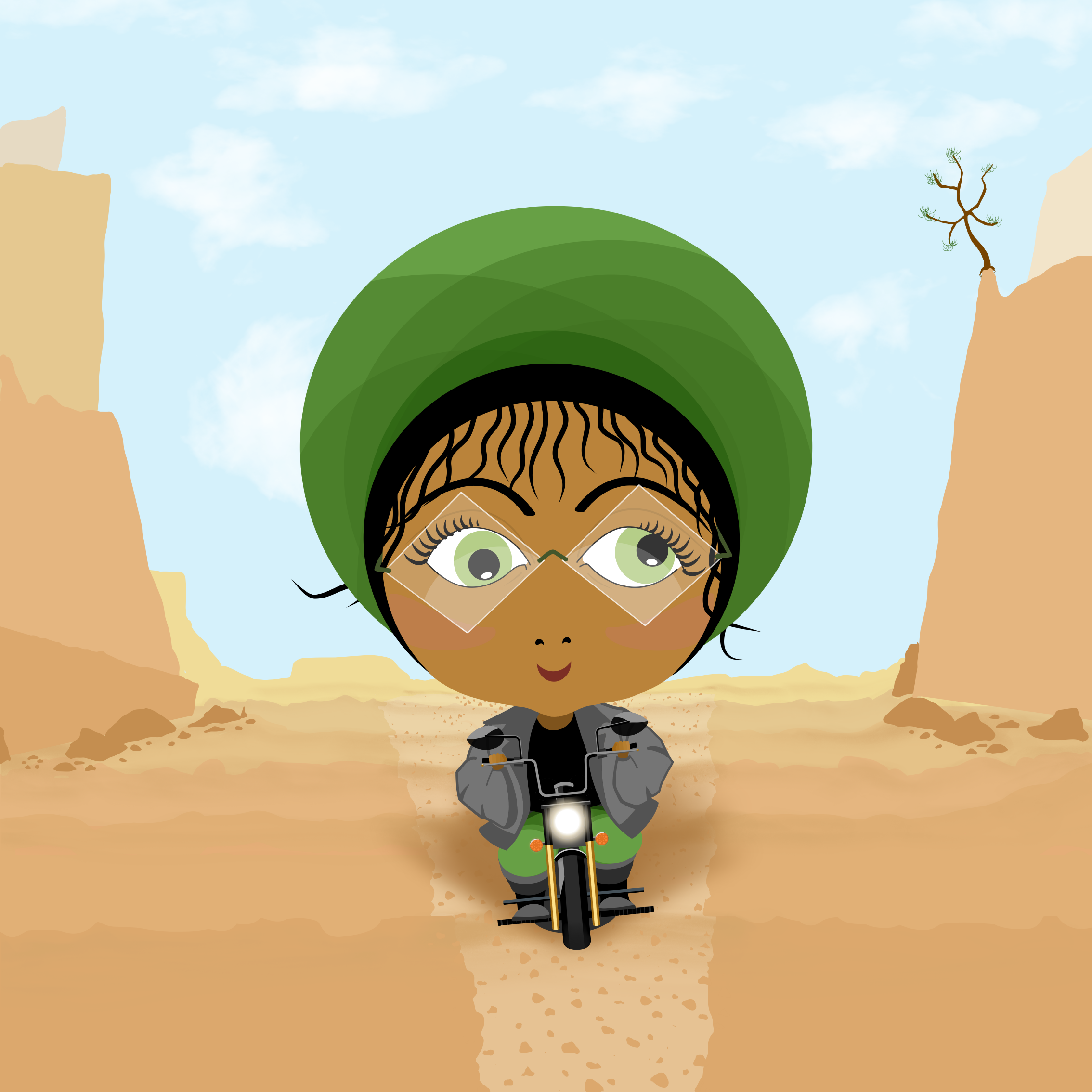 Cartoon of a woman with curly hair, large green eyes, and diamond-shaped glasses, riding a motorcycle through a desert landscape with large rock formations and a single leafless tree.