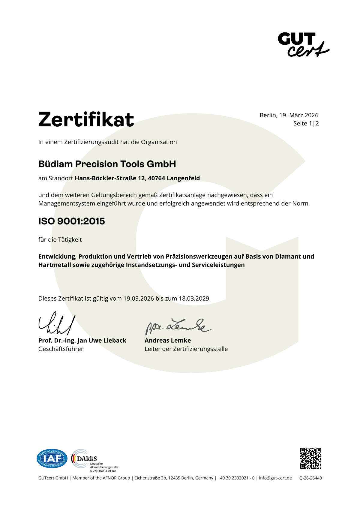 ISO9001 Zertifikat der Büdiam Precision Tools GmbH