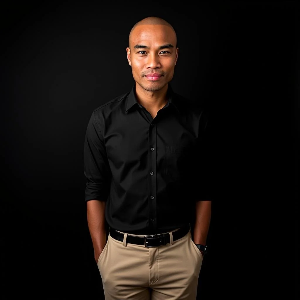 Portrait of a man with a shaved head wearing a black button-up shirt and beige pants against a black background.