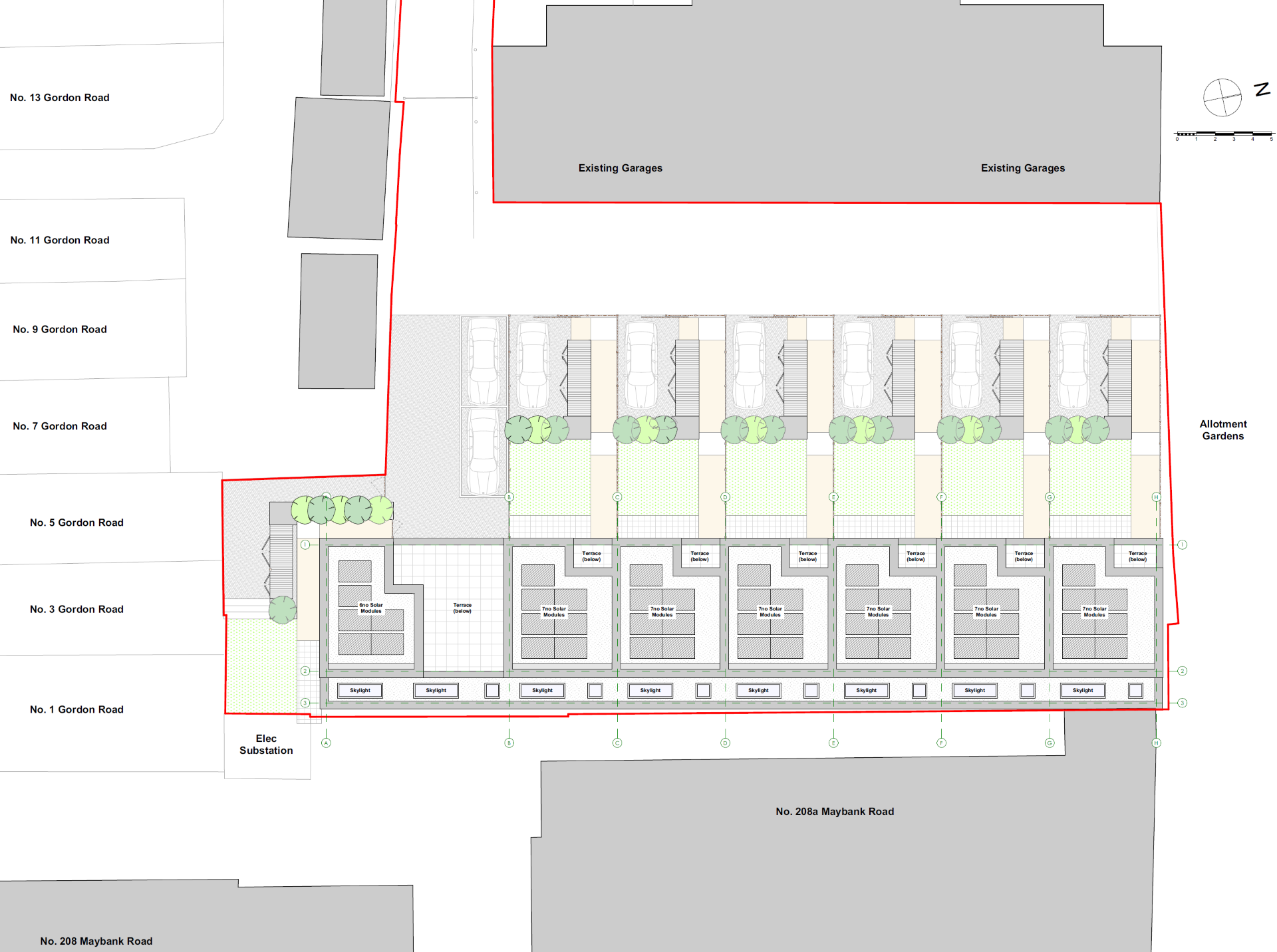 Site plan of a residential development showing terraces with solar modules, parking areas, trees, and landscaped gardens surrounded by roads and garages.