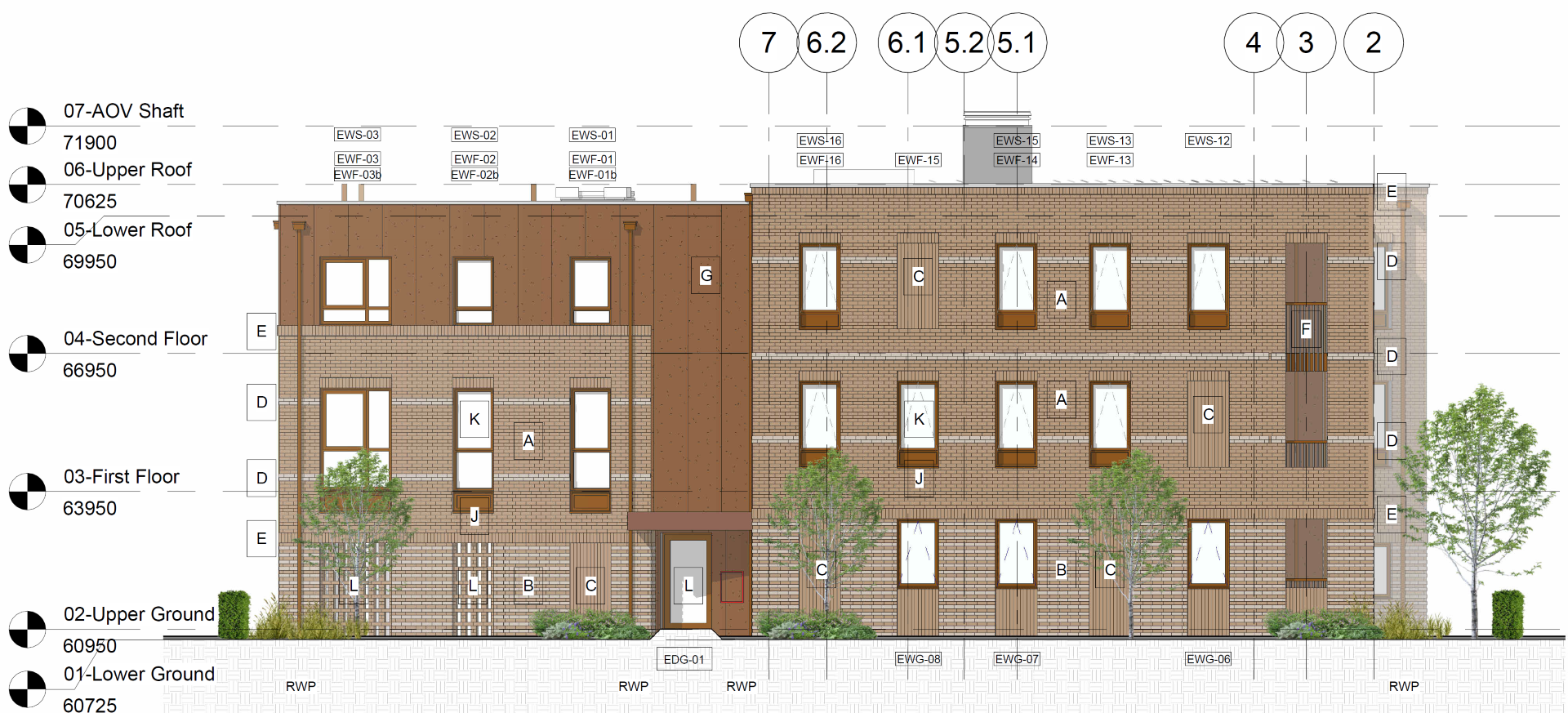 Architectural elevation drawing of a multi-story residential building with labeled windows, doors, and exterior features, including greenery and trees.