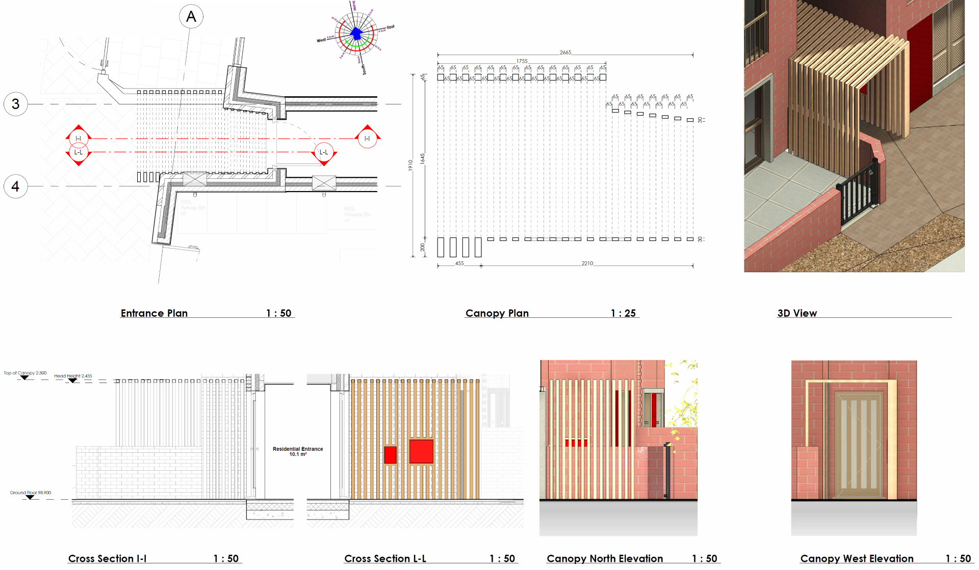 Architectural drawing of a residential entrance with plans, sections, elevations, a canopy plan, and 3D views, including a detailed section of the entrance gate, canopy plan, and visualizations of the canopy's north and west elevations.