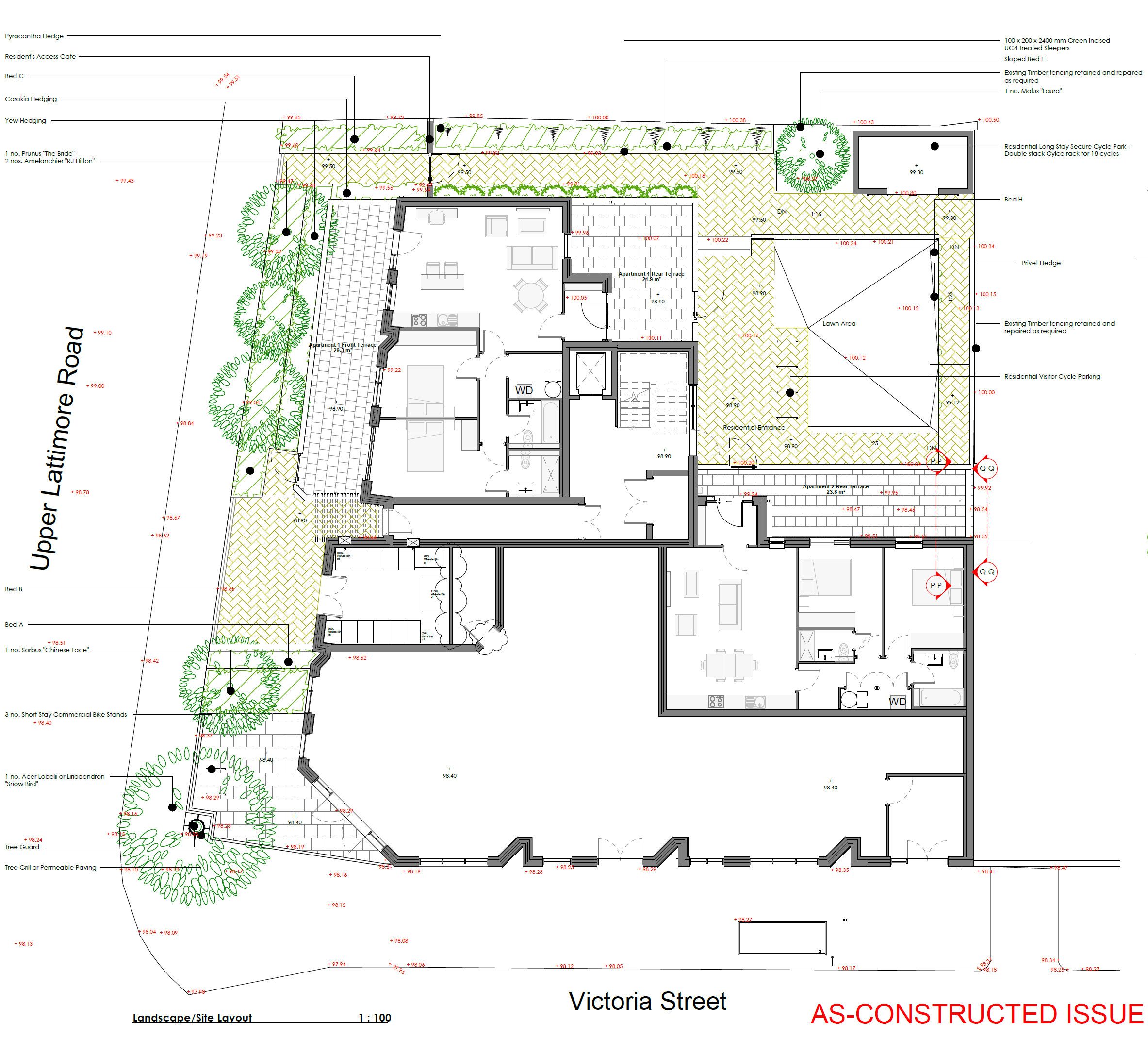 Architectural site plan of a residential property showing landscape layout, building footprint, gardens, trees, paved areas, and annotations of measurements and features.