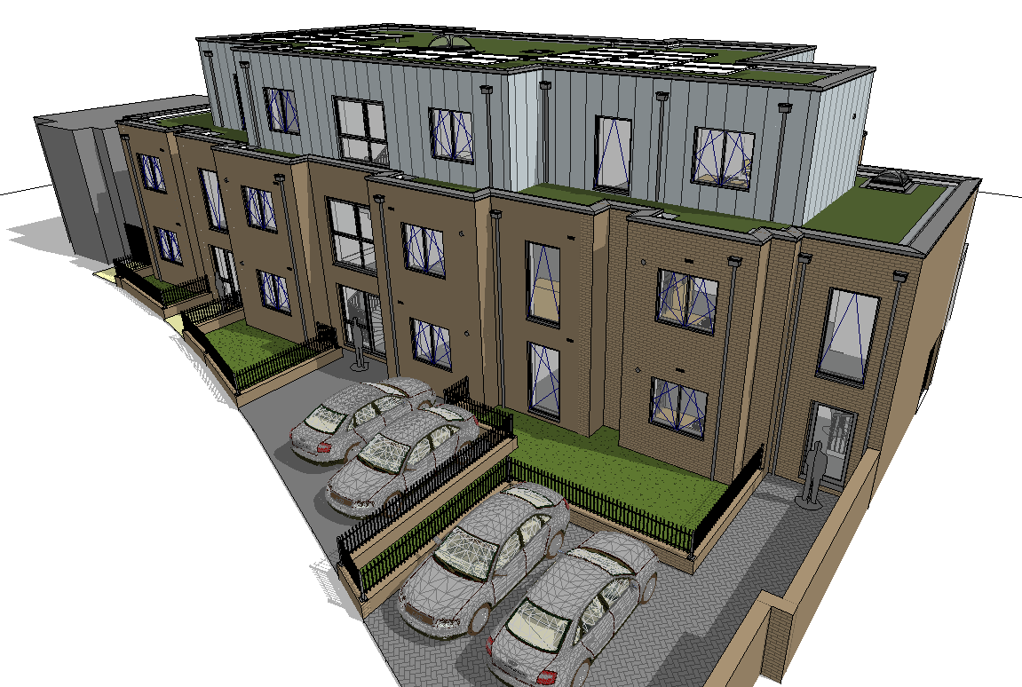 3D rendering of a modern apartment complex with parking area, small green lawns, multiple windows, and rooftop green space.