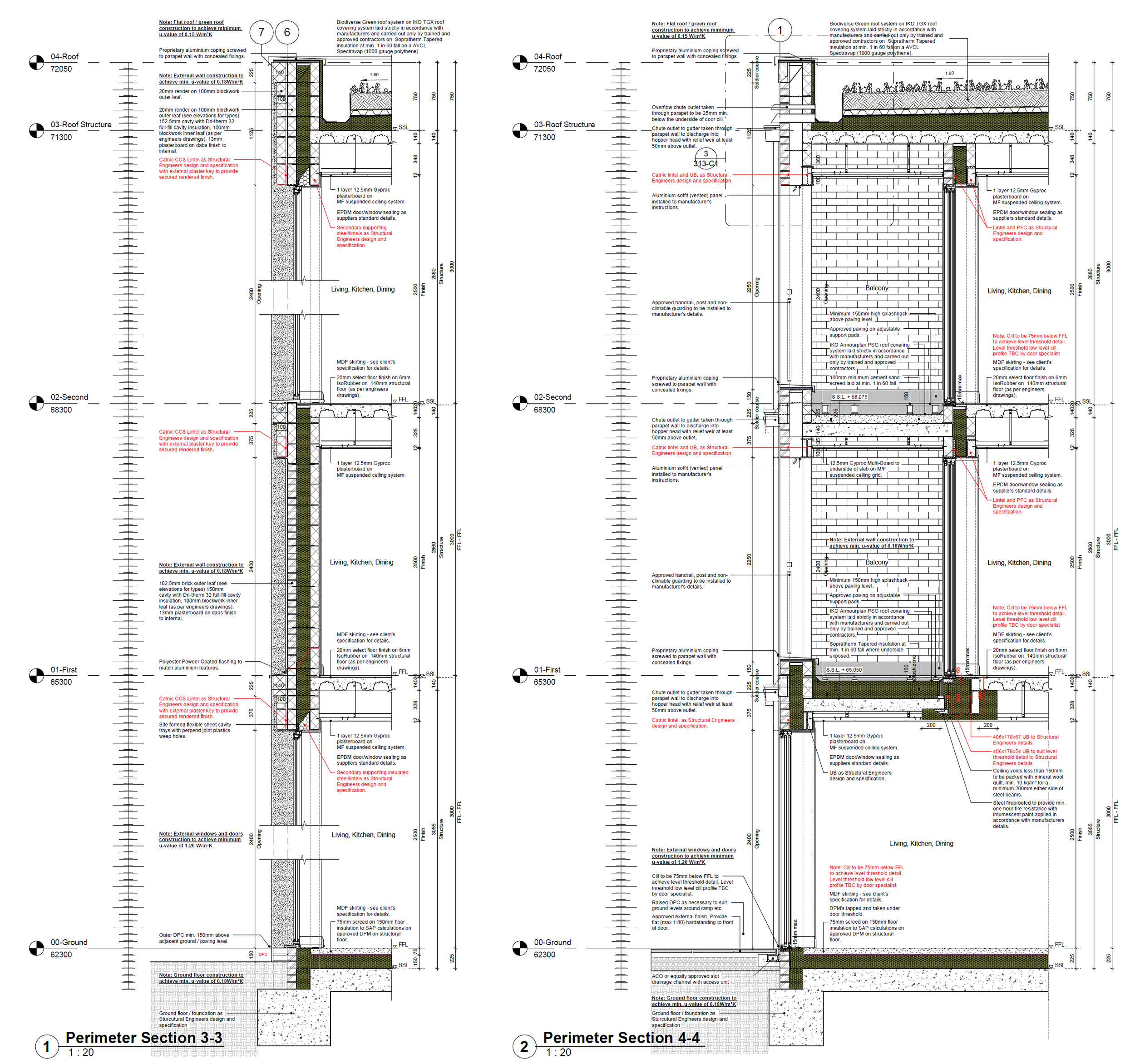 Architectural blueprints showing perimeter sections of a building, including structural details, wall layers, floor levels, and construction notes with measurements and annotations.