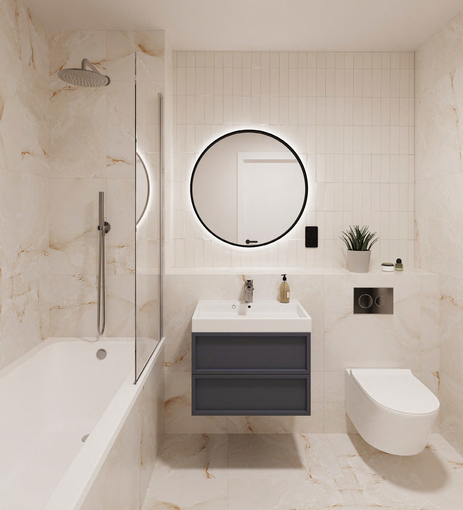 Modern bathroom with a bathtub, showerhead, sink with cabinet, round backlit mirror, decorative plant, and wall-mounted toilet.