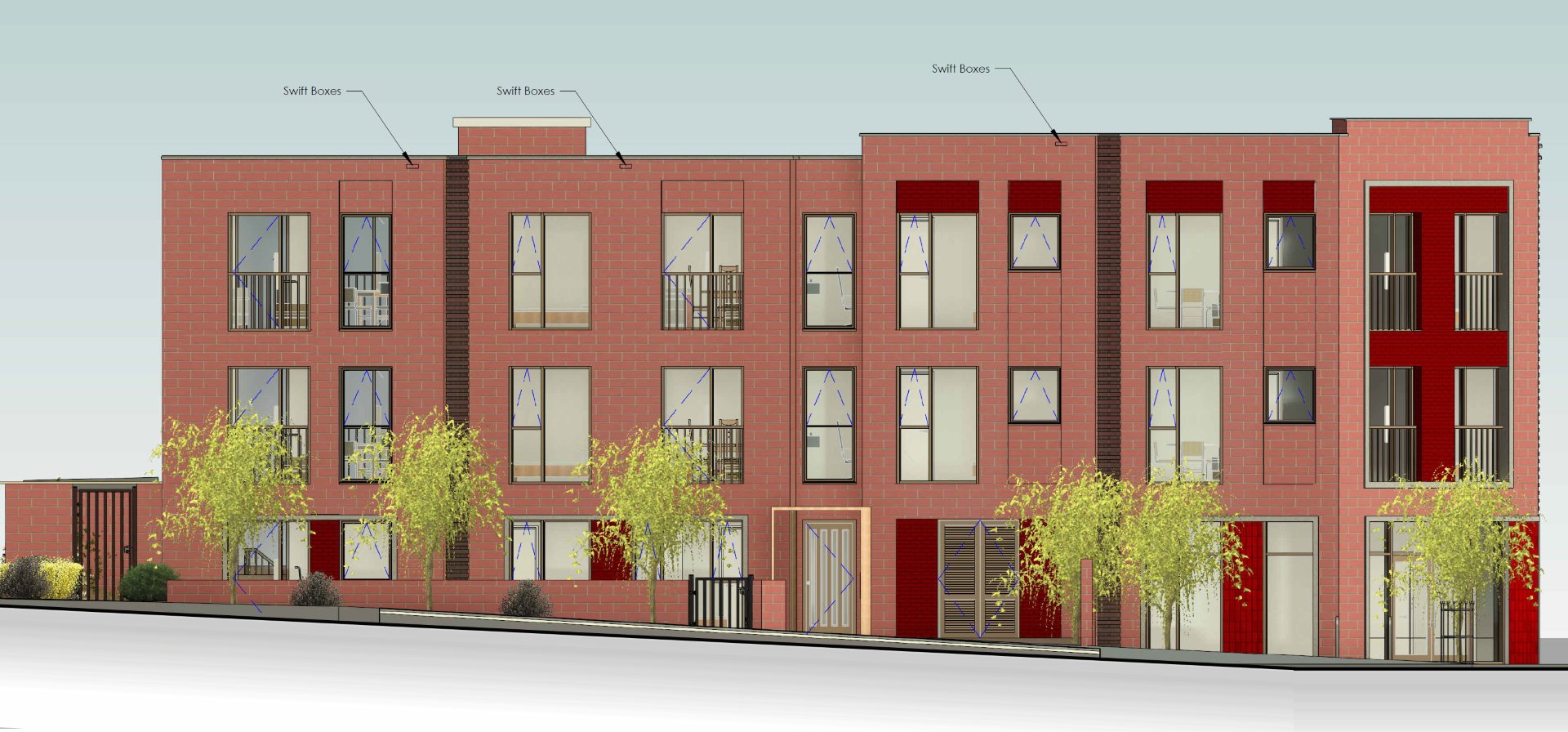 Architectural rendering of a multi-story brick residential building with trees, balconies, and several swif boxes labeled on the roof.