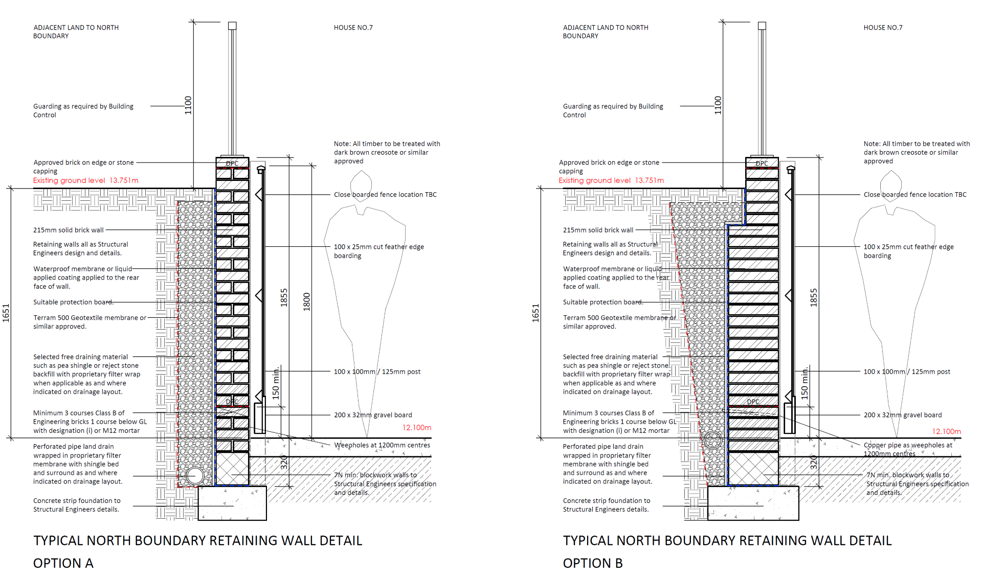 Construction plans for a typical north boundary retaining wall, options A and B, showing dimensions, materials, and structural details.