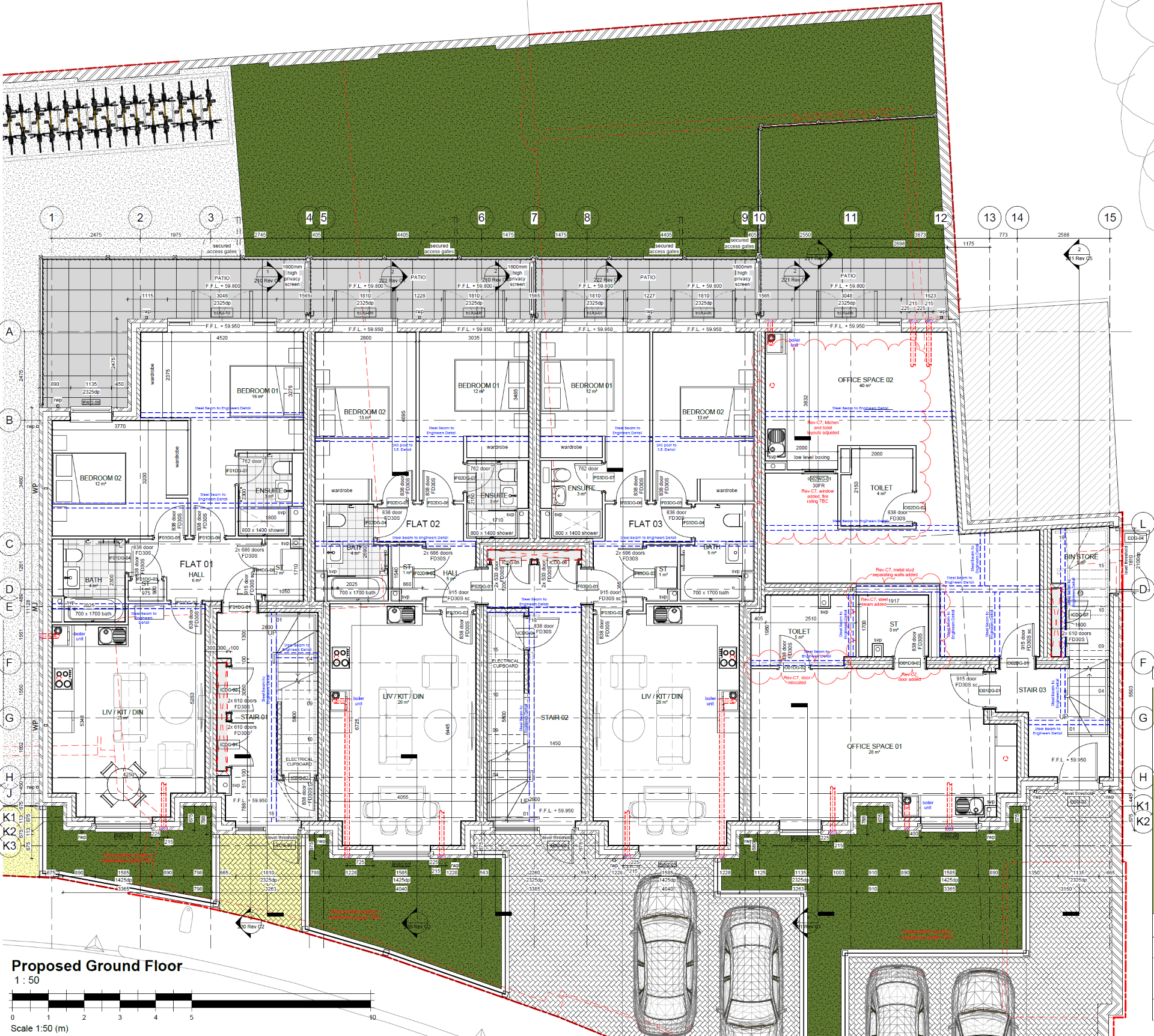Architectural blueprint of a proposed ground floor layout featuring multiple residential units, labeled as flats and rooms, with designated outdoor green areas, parking spaces, and pathways.
