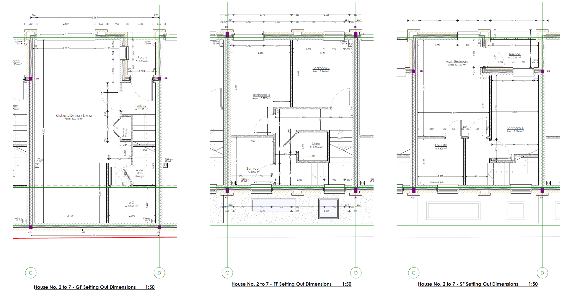 Three architectural floor plans of a house, showing front elevation, interior layouts, room dimensions, and labels for different levels and spaces.