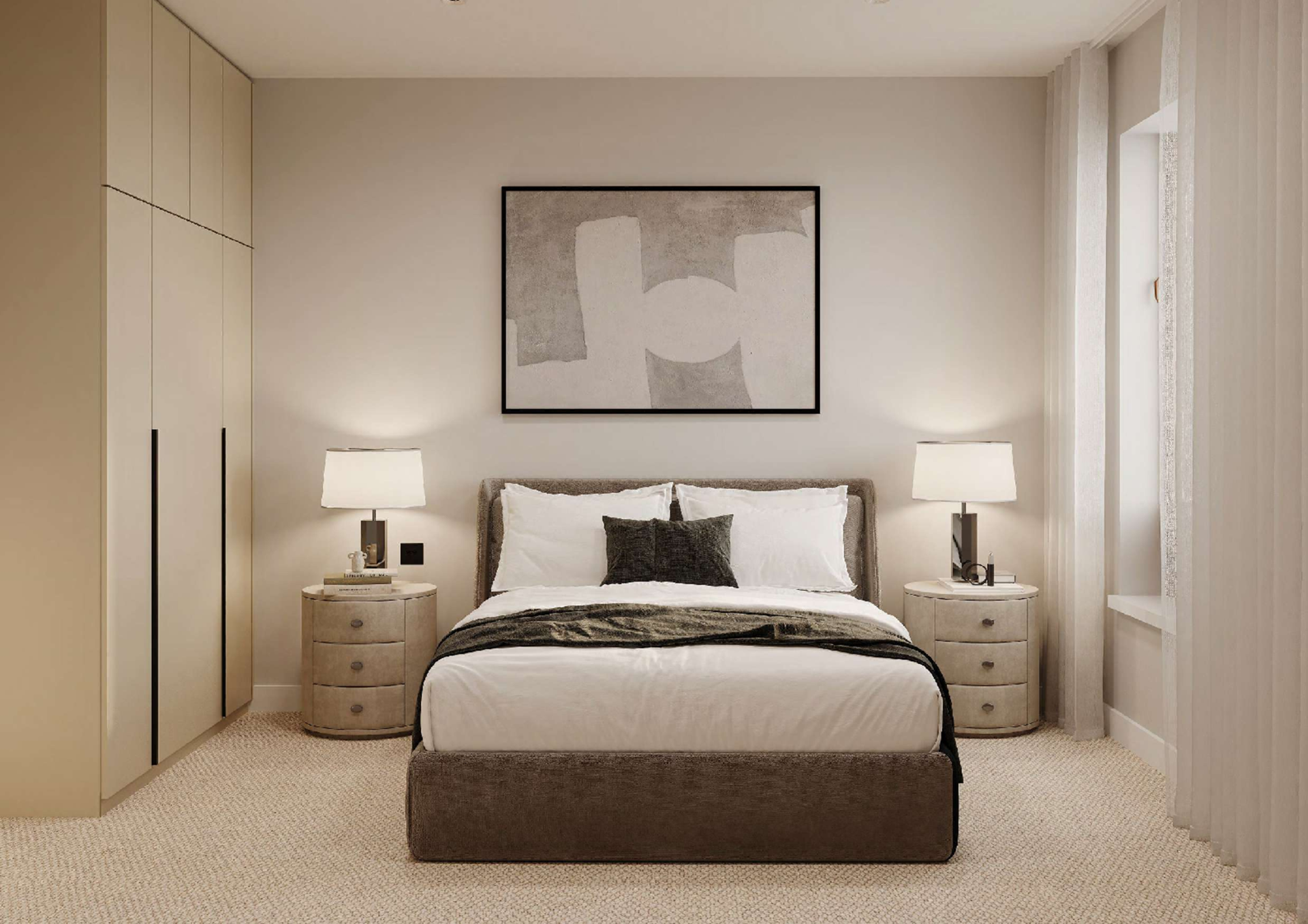 A bedroom with a bed, two nightstands with lamps, a framed abstract art piece above the bed, a window with curtains, and built-in closet cabinets.