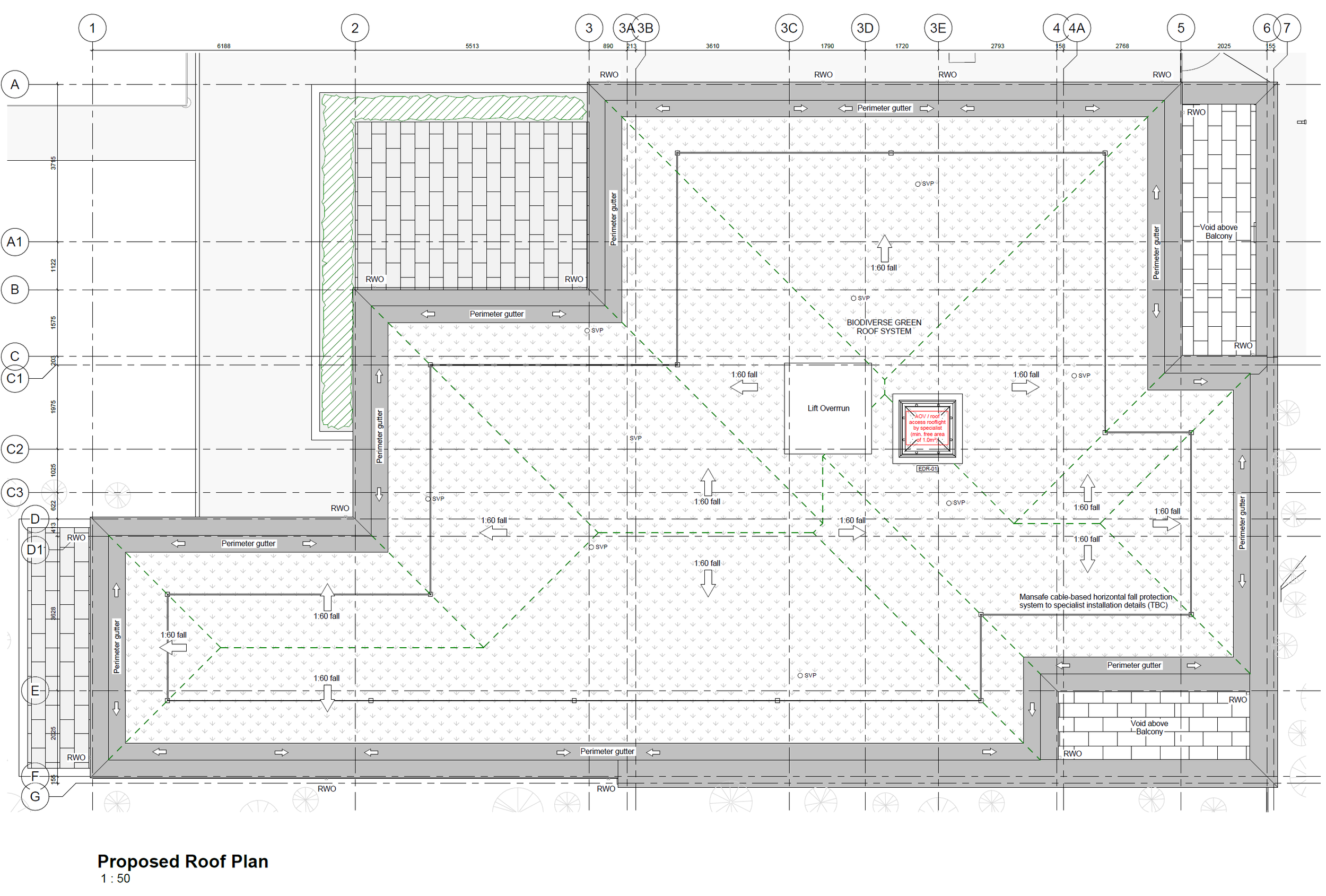 Architectural roof plan with labeled sections, perimeter gutters, and green roof system indicating biodiversity green roof, including details for drain overrun, cable protection system, and void above balcony.