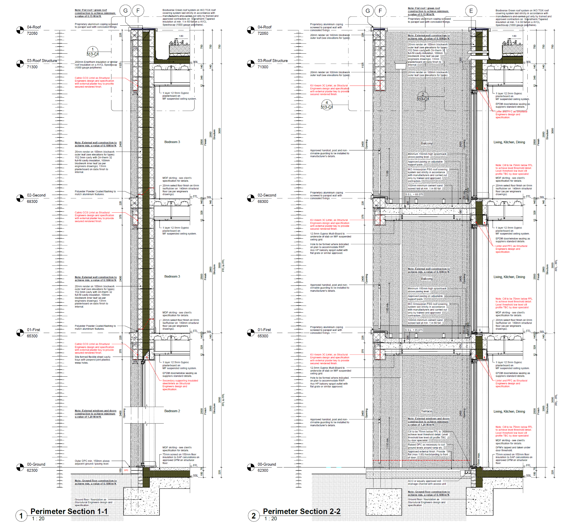 Detailed architectural drawing of two building perimeter sections, showing wall structures, insulation, flooring, and roof components with measurements and annotations.