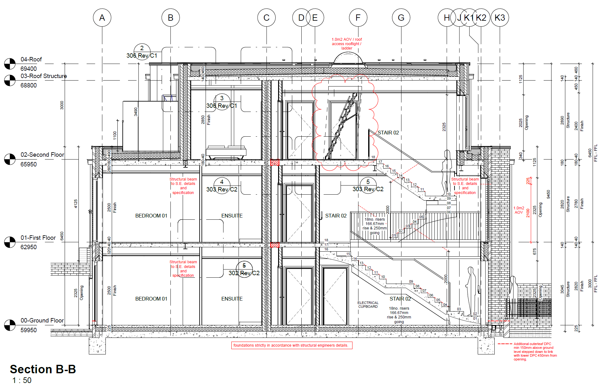 Architectural section drawing of a multi-story building, showing floors, walls, staircases, rooms labeled as bedrooms, bathrooms, and ensuite, with detailed dimensions and construction notes.
