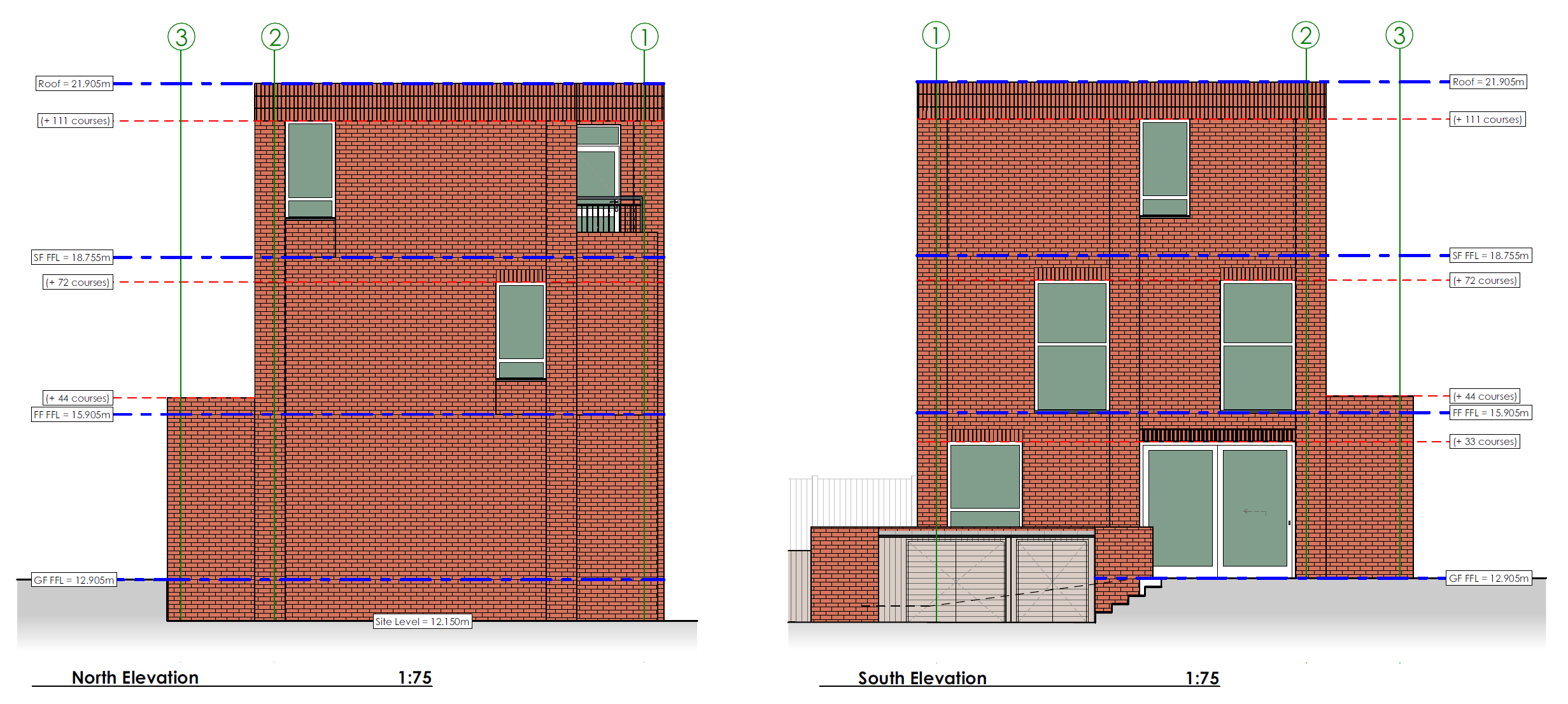 Architectural drawing of a multi-story brick building front elevations labeled North and South, showing window and door placements, roofline, and elevation measurements.