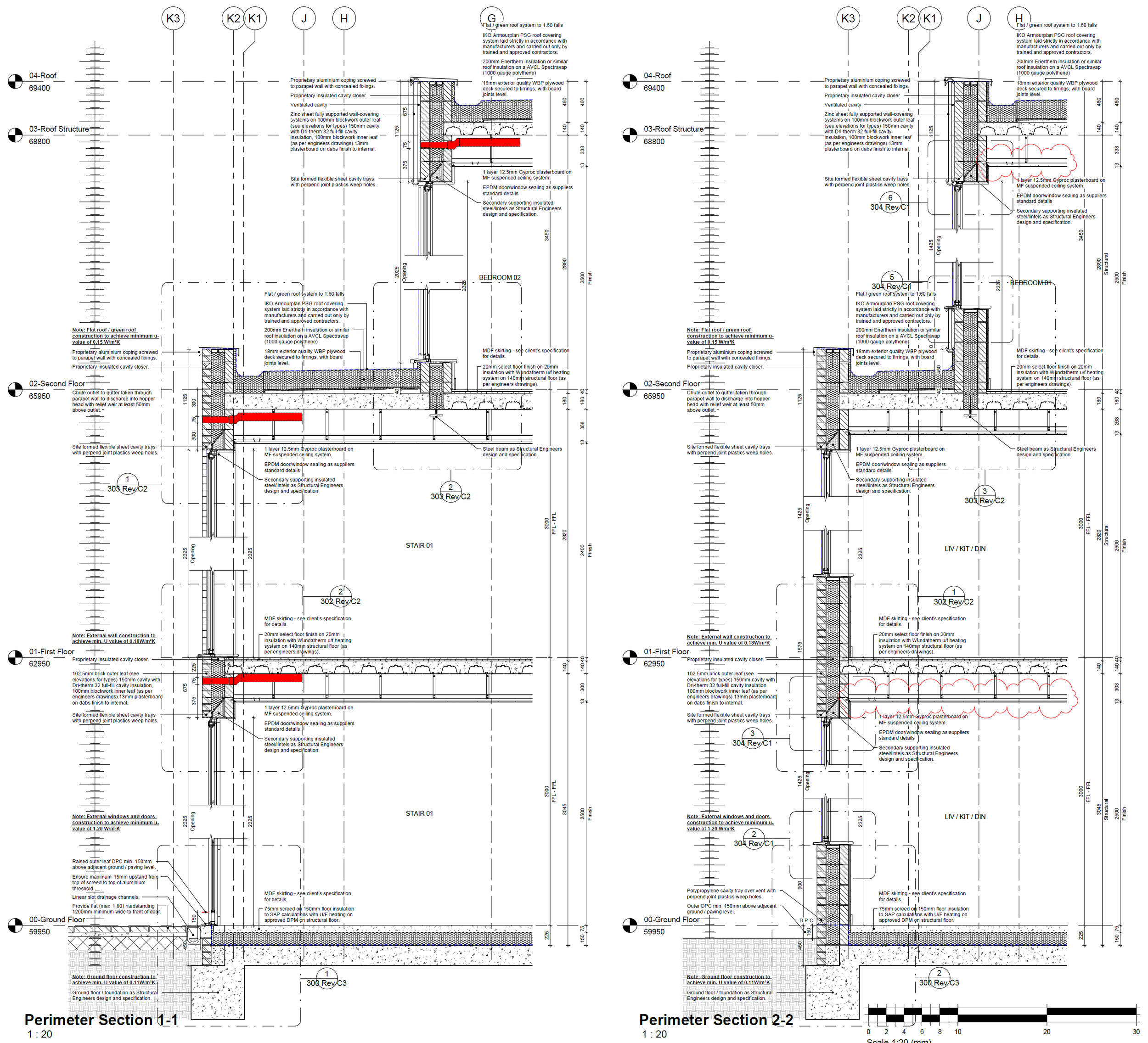 Architectural technical drawing of building cross-sections showing construction details of floors, ceilings, walls, and roofing with multiple annotations and measurements.