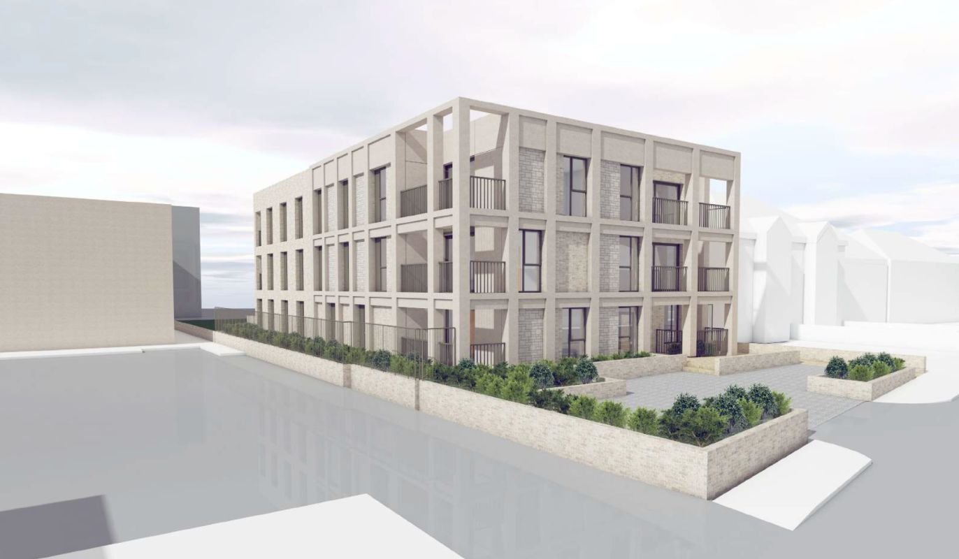 Architectural rendering of a modern, three-story residential building with multiple balconies and surrounding landscaped greenery