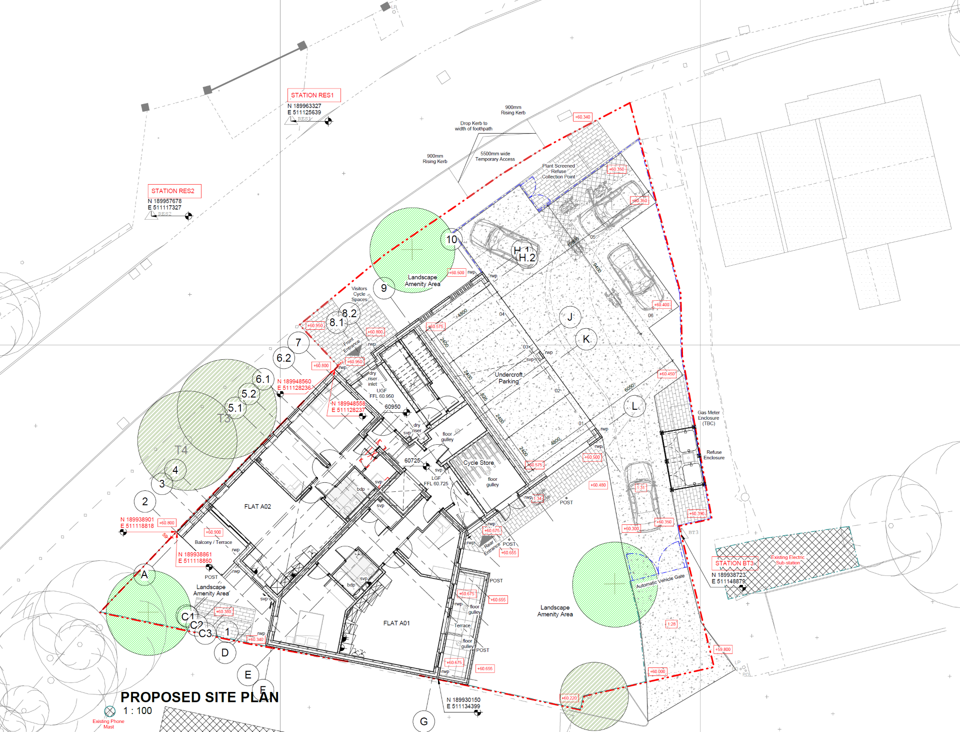 Architectural site plan showing building layouts, landscaping, parking, and utility zones with measurements and labels.