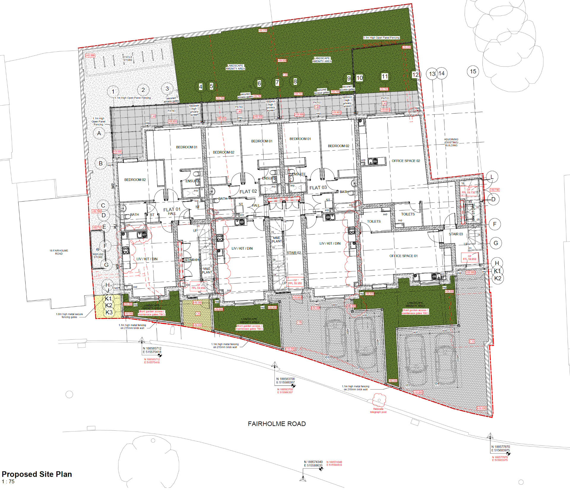 Proposed site plan for a residential development including shared green spaces, parking areas, and multiple individual housing units labeled as flats and bedrooms, with landscaping and fencing details.