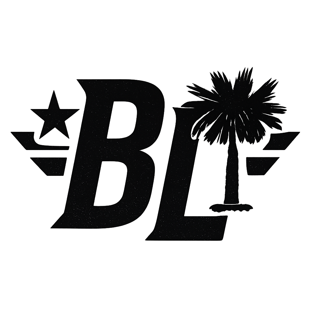 Black wall decoration with the letters 'BL', a star to the left, and a palm tree to the right.