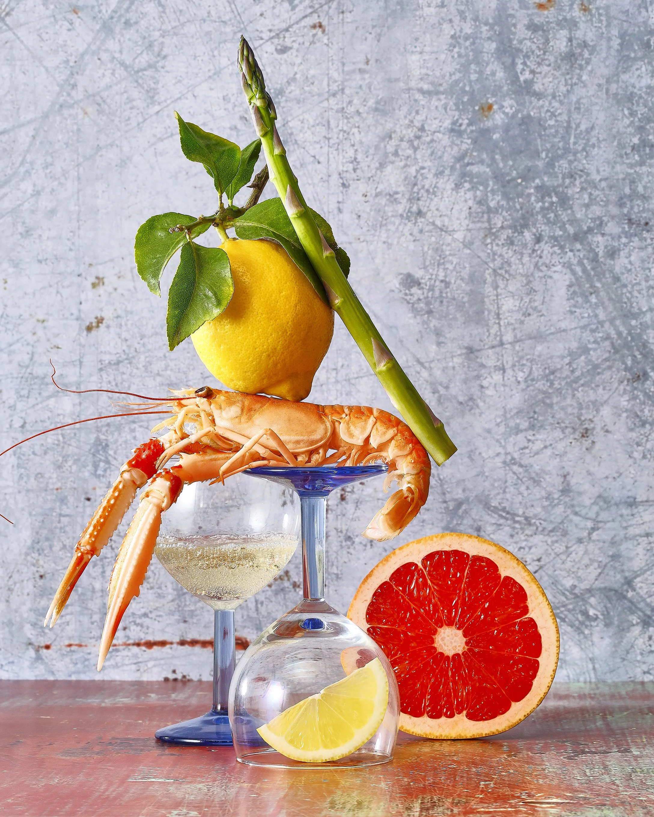 Sarah Ghijselinck, food and drink stylist, art direction, recipe development, Gent, Assorted vegetables arranged with an upside-down glass for cuvée canon, wine bar