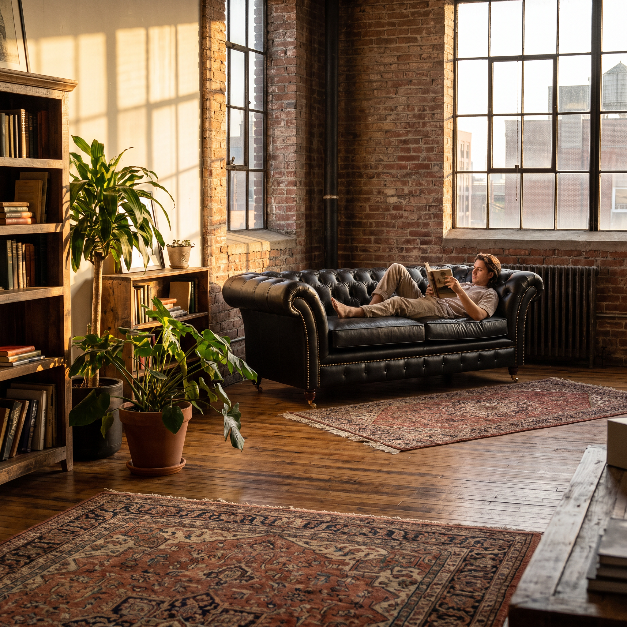 washington 3 seater in black leather in a Brooklyn loft