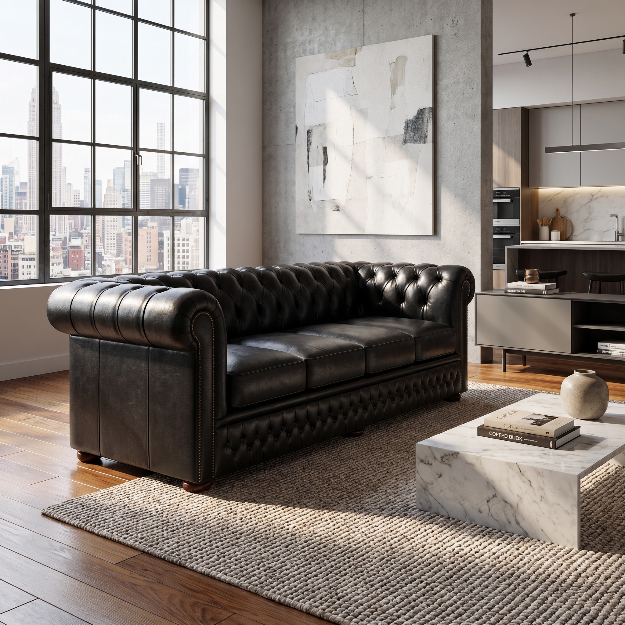 aspen 4 seater in black leather in a modern new york apartment