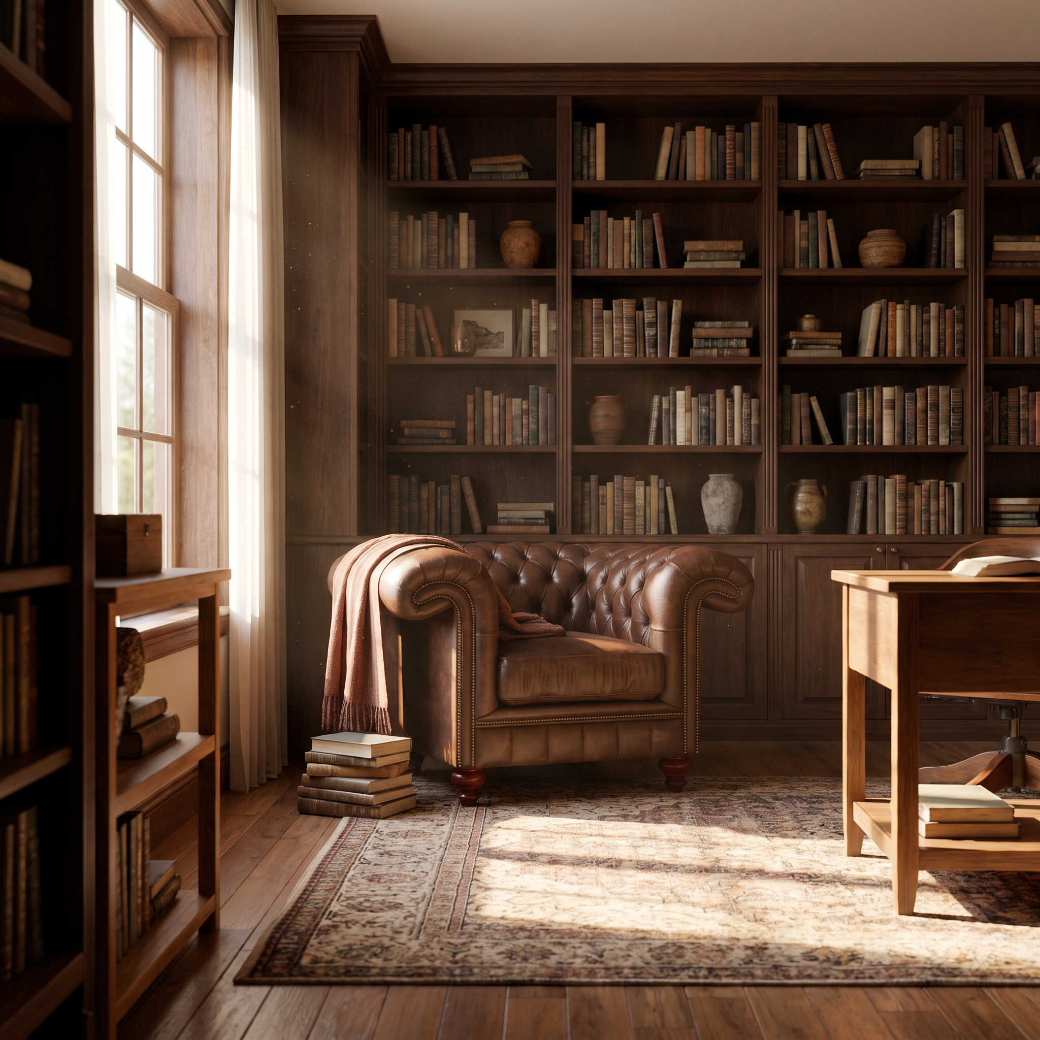hudson chair in brown leather in a home library with wooden furniture and a lot of books