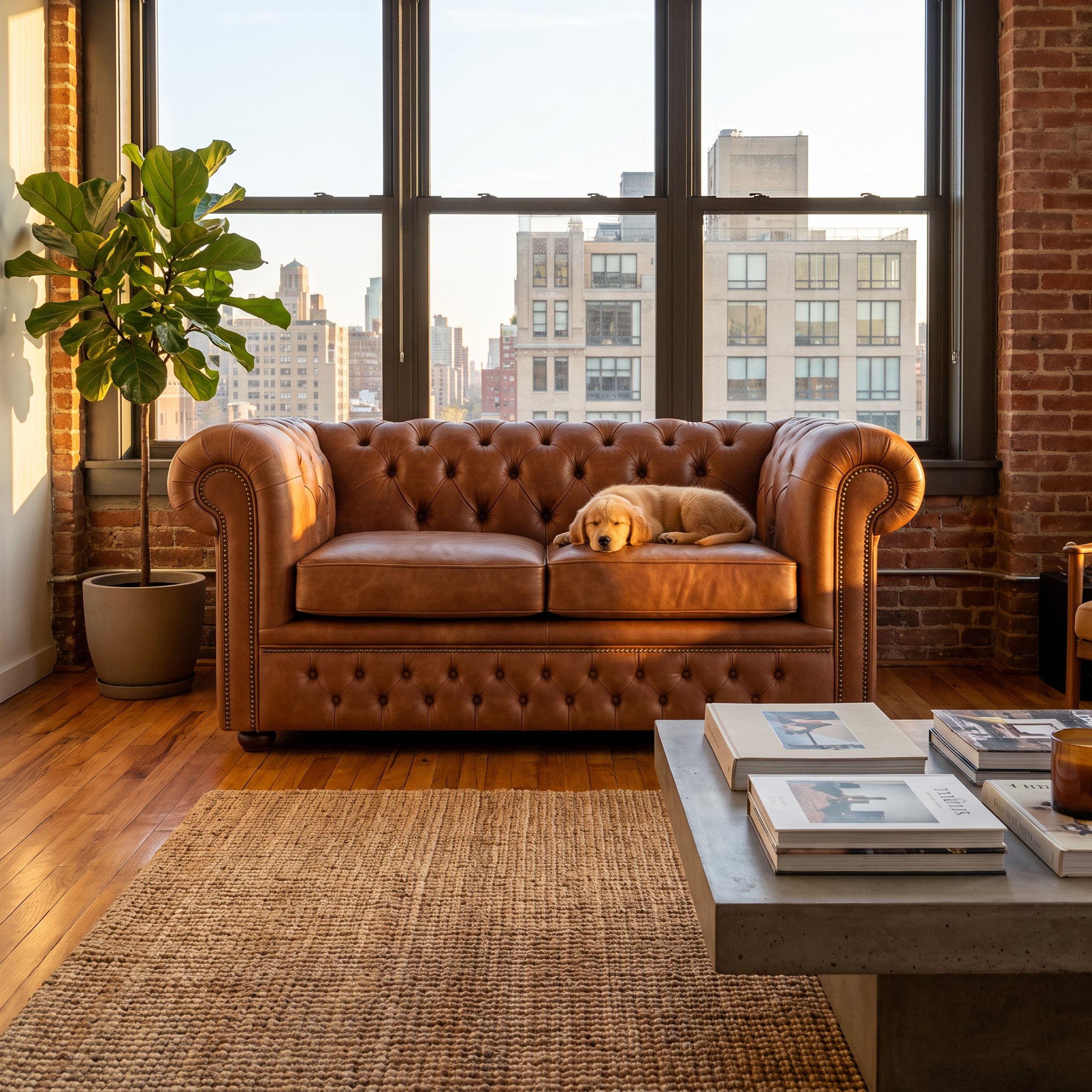 madison 2 seater in brown leather with a puppy sleeping on it