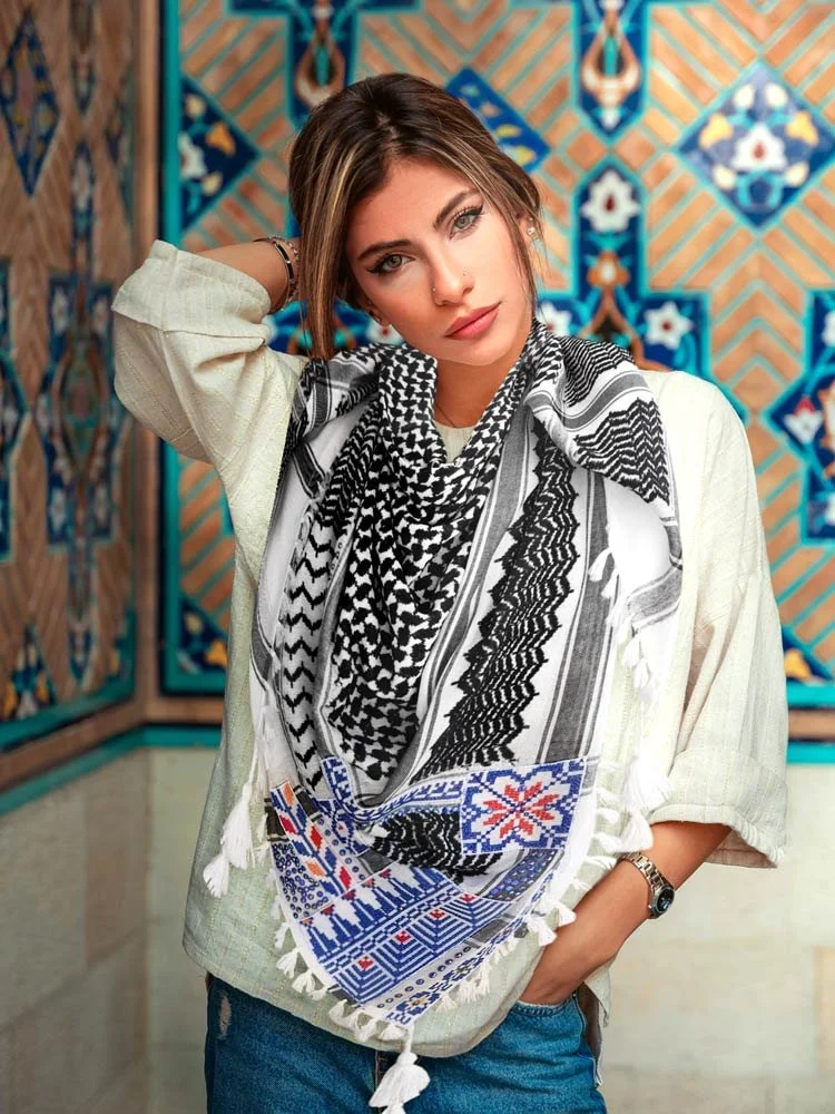 ombination of keffiyeh the traditional Jordanian\Palestinian scarf with Palestinian Embroidery, strases and tassels