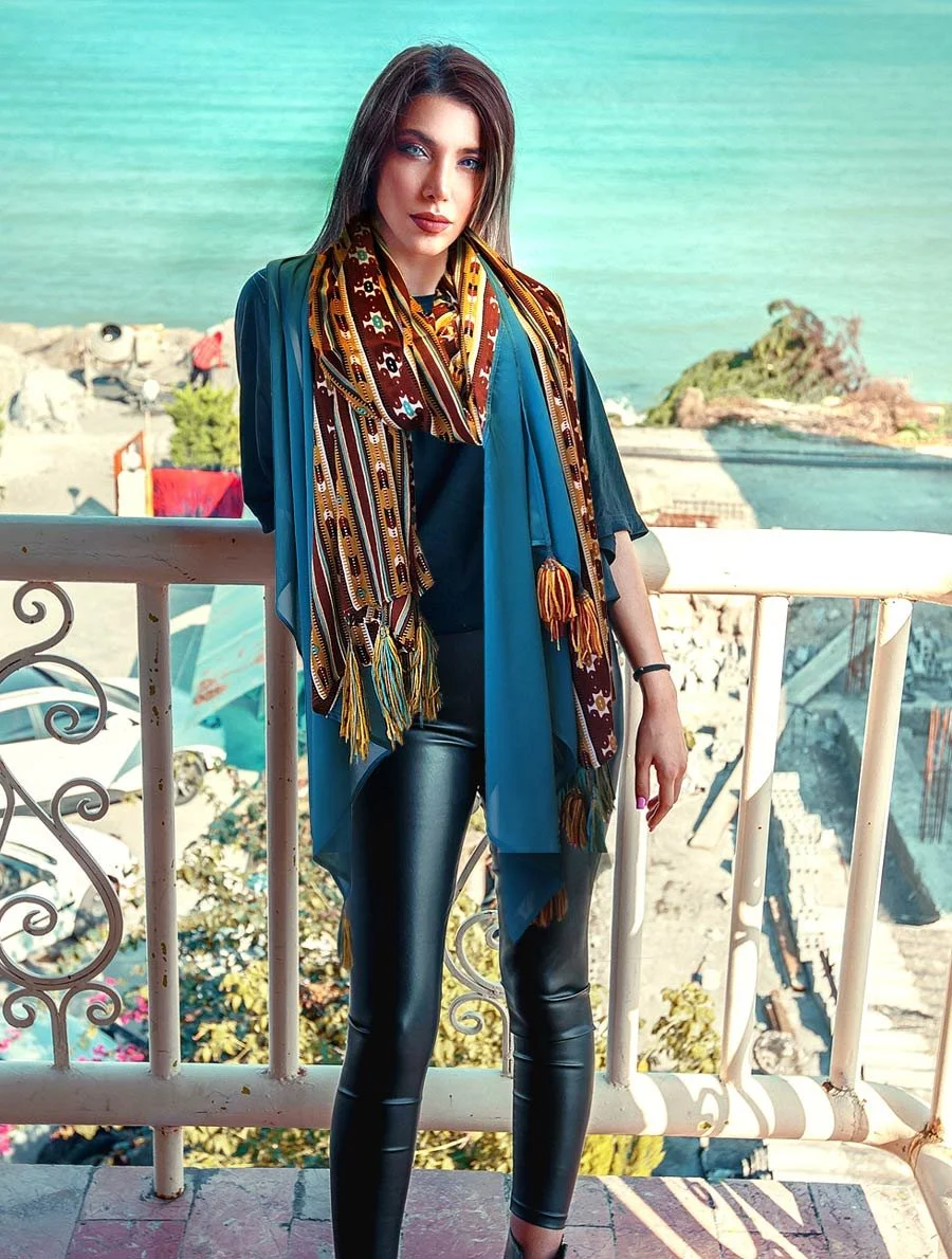 Combination of cotton fabric in a Bedouin pattern with chiffon and tassels. Made in Jordan, Palestinian embroidery, Jordanian embroidery, must see in Amman, best 10 shops in Amman, Jordanian scarves
