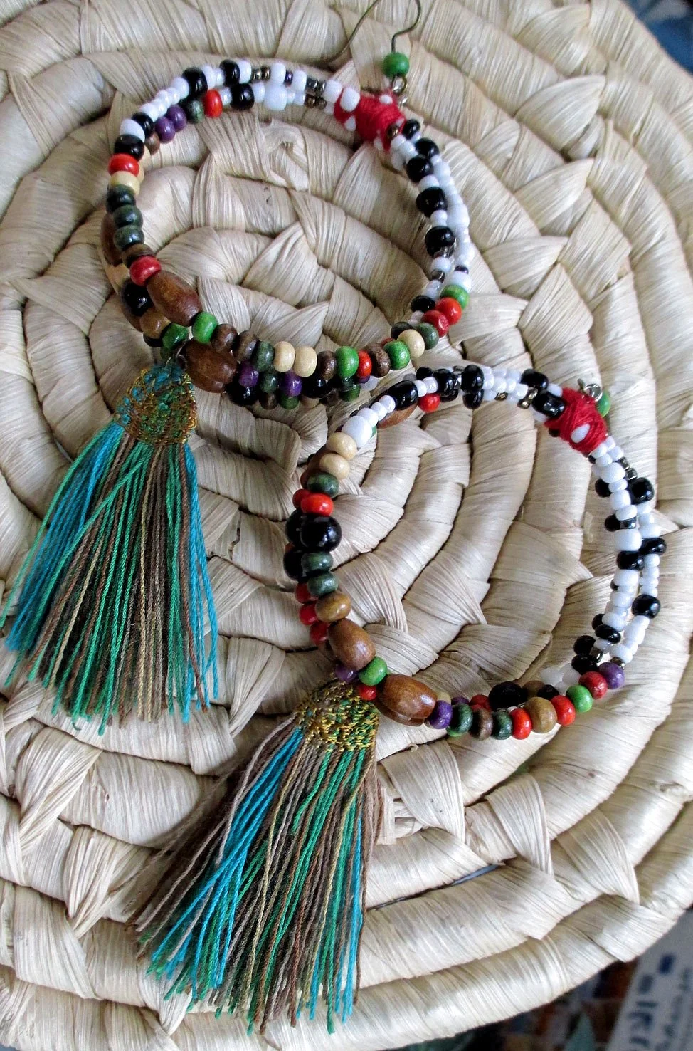 Fun long earring, peculiar, beads and tassels, made in Jordan, must see in Amman