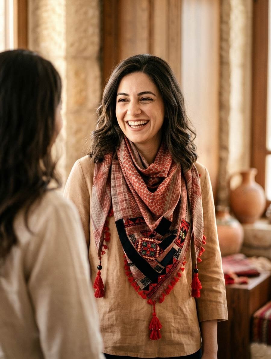 Keffiyeh Triangle Scarf, beautifully accented with Palestinian Embroidery, strass and velvet patches . Designed to blend warmth, comfort, and heritage
