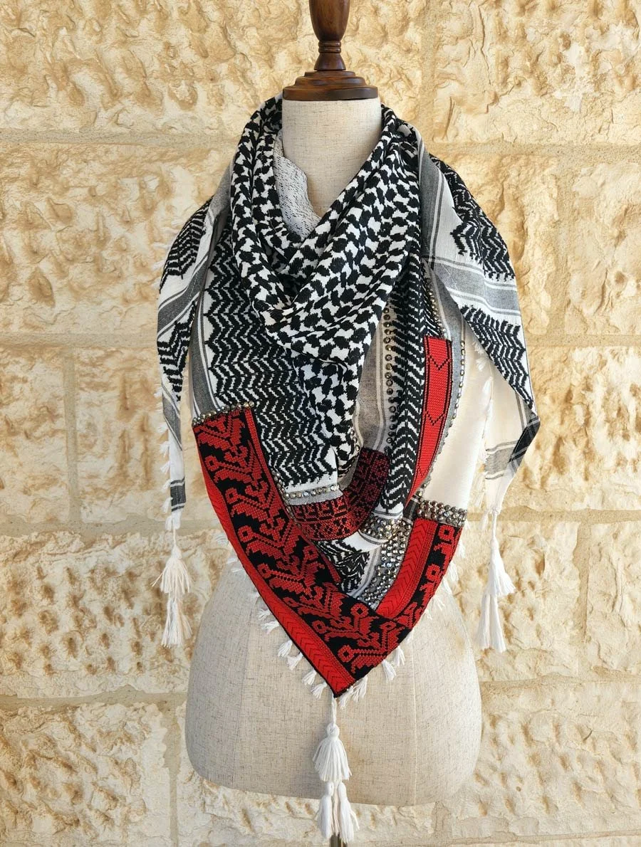Combination of keffiyeh the traditional Jordanian\Palestinian scarf with Palestinian Embroidery, strases and tassels